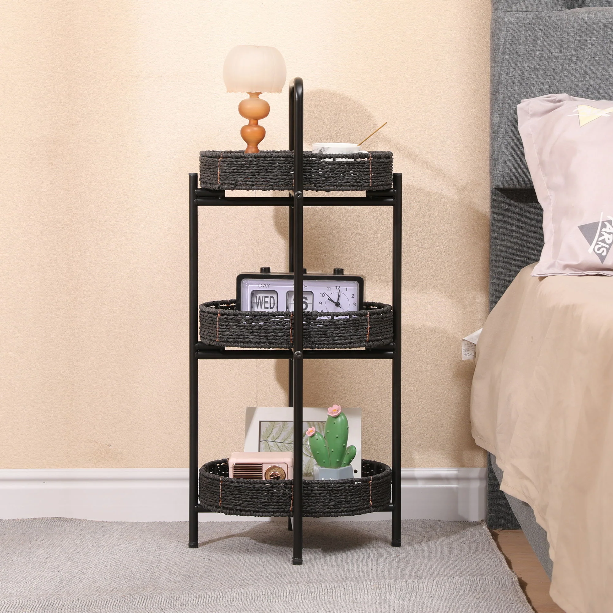 Modern 3 Tier Handwoven Side Table With Oval Organizer - Image 5