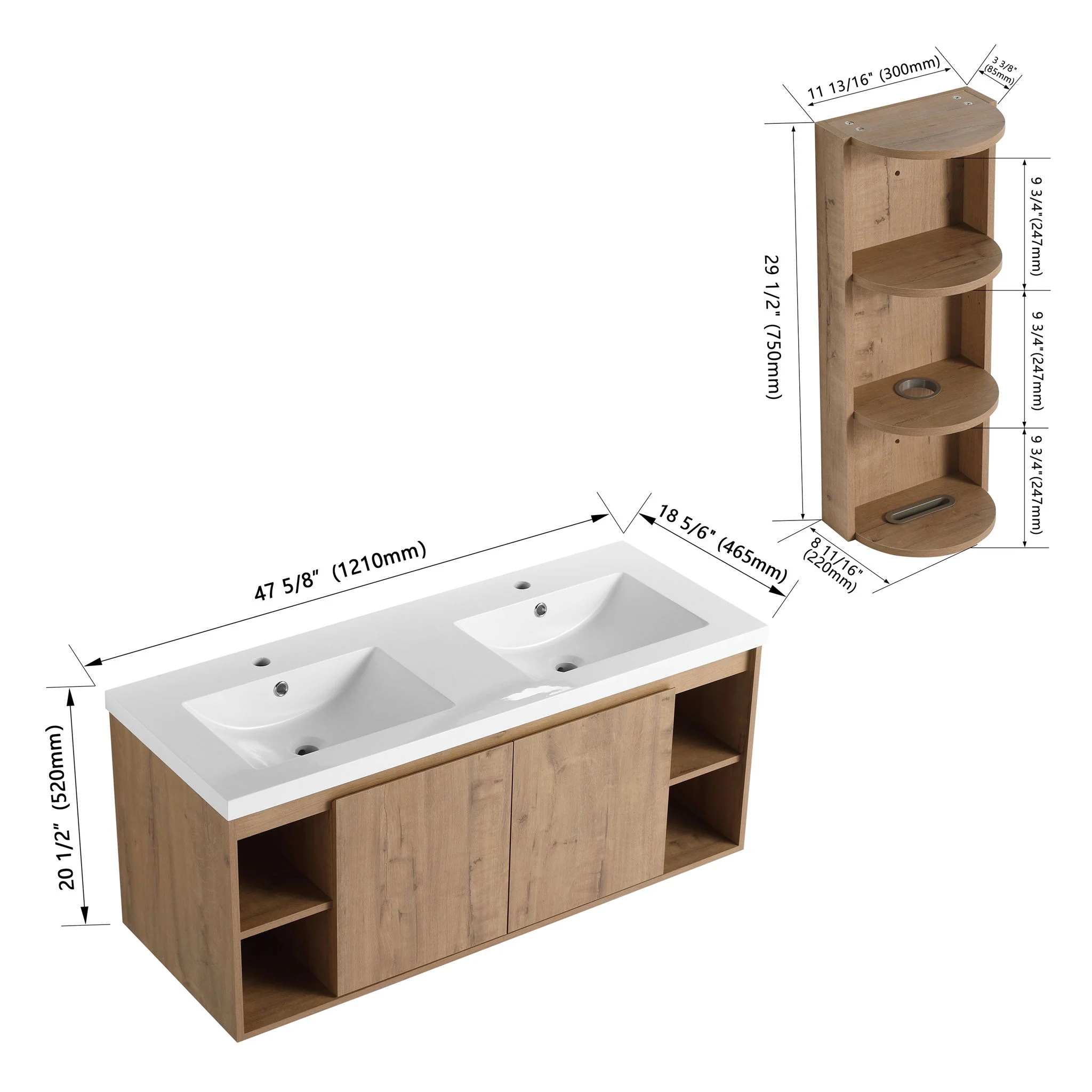 Modern 48" Wall Mounted Bathroom Vanity With Double Resin Sink And Storage Rack Soft Close Doors - Imitative Oak - Image 2
