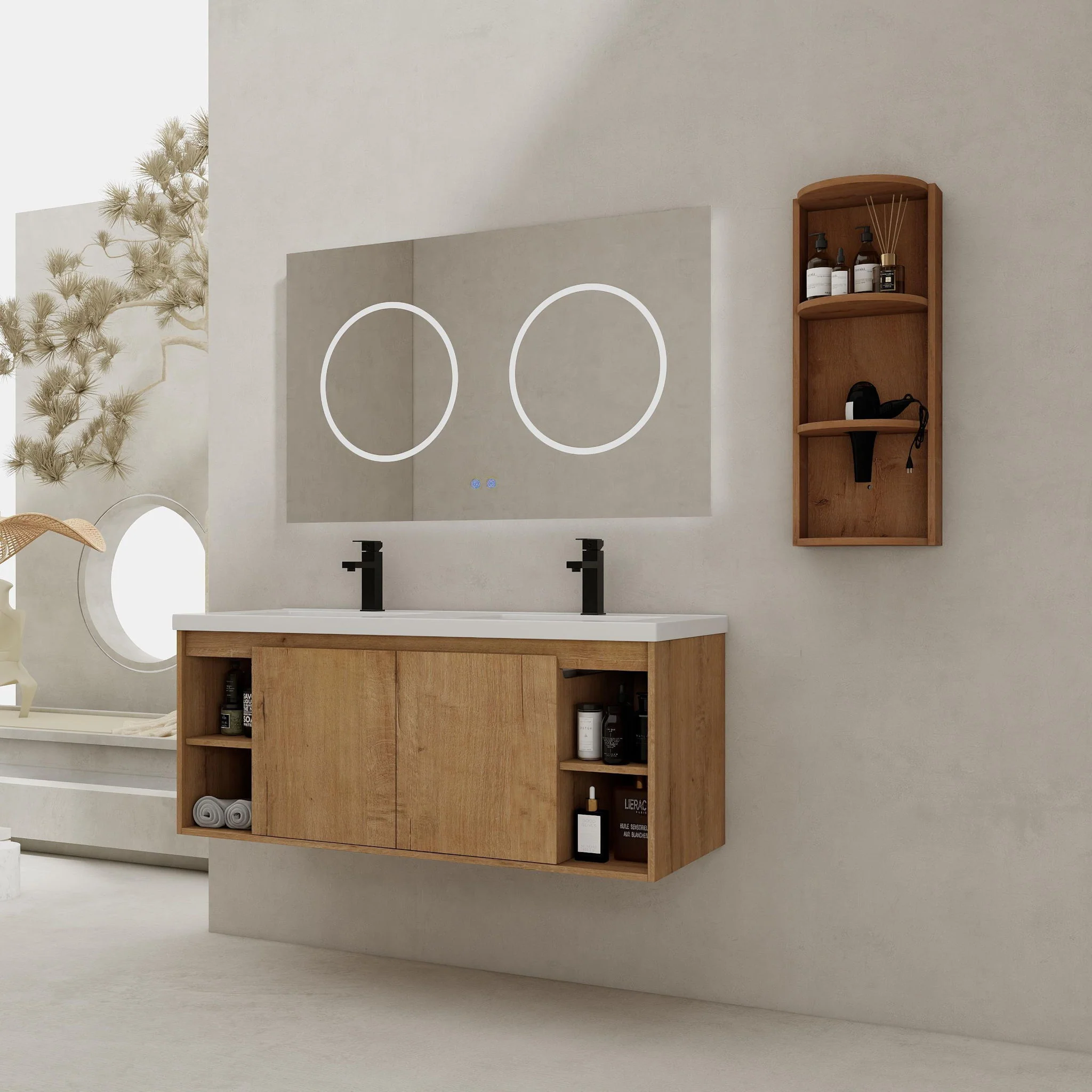 Modern 48" Wall Mounted Bathroom Vanity With Double Resin Sink And Storage Rack Soft Close Doors - Imitative Oak - Image 3