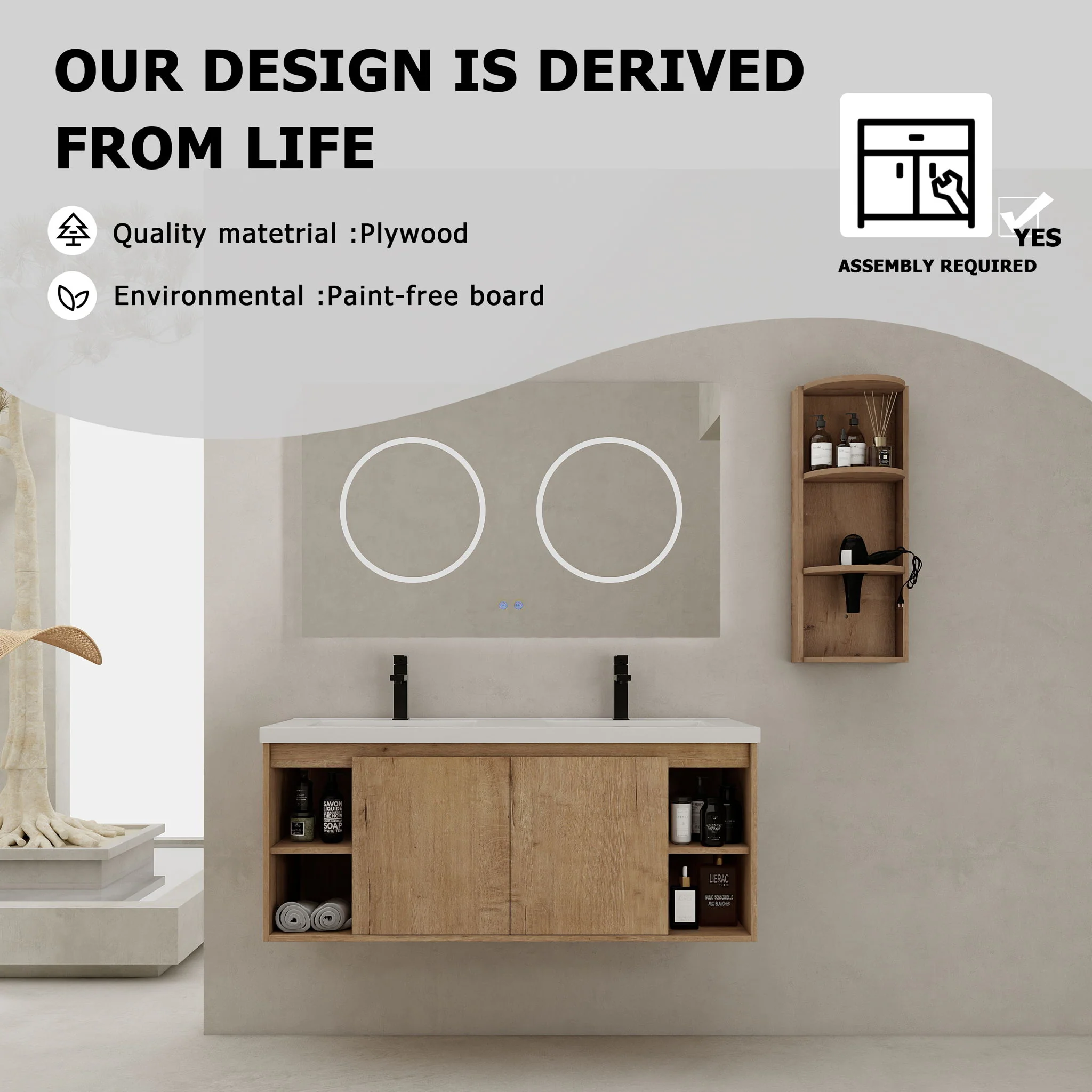 Modern 48" Wall Mounted Bathroom Vanity With Double Resin Sink And Storage Rack Soft Close Doors - Imitative Oak - Image 4