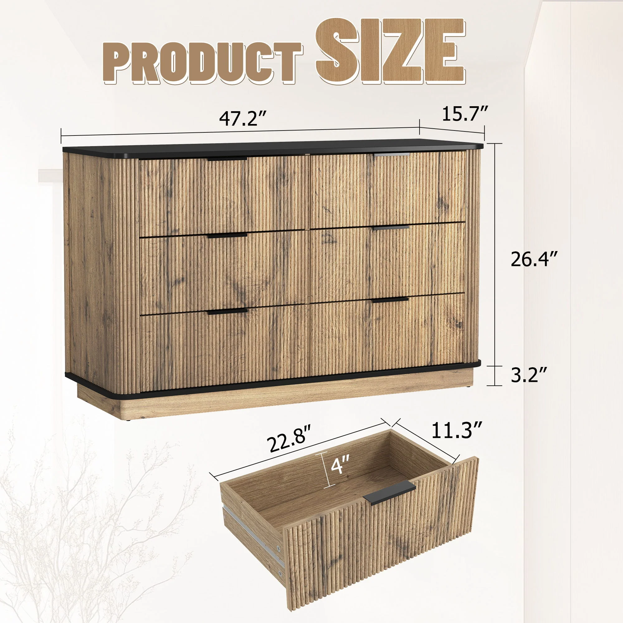 Modern 6 Drawer Cabinet With Metal Rounded Corners And Exquisite Handles Multi Functional Storage - Natural Wood - Image 2