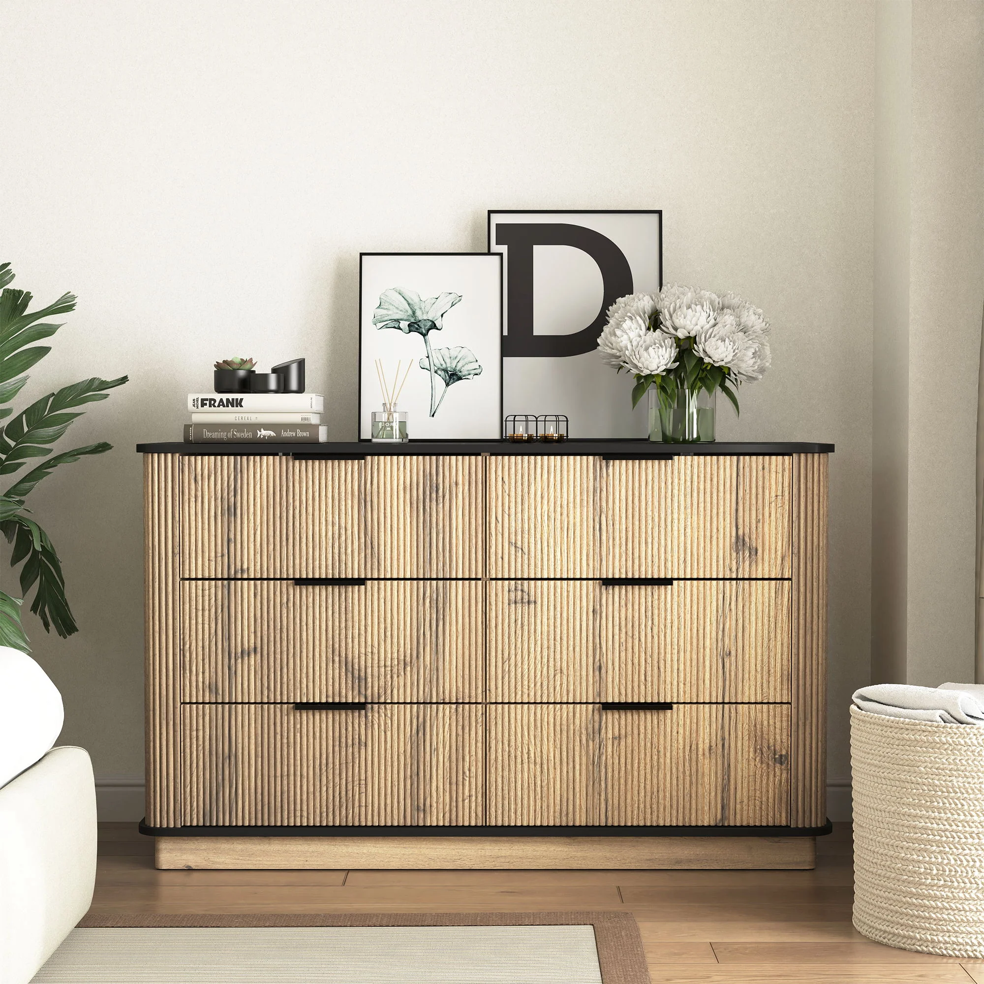 Modern 6 Drawer Cabinet With Metal Rounded Corners And Exquisite Handles Multi Functional Storage - Natural Wood - Image 3