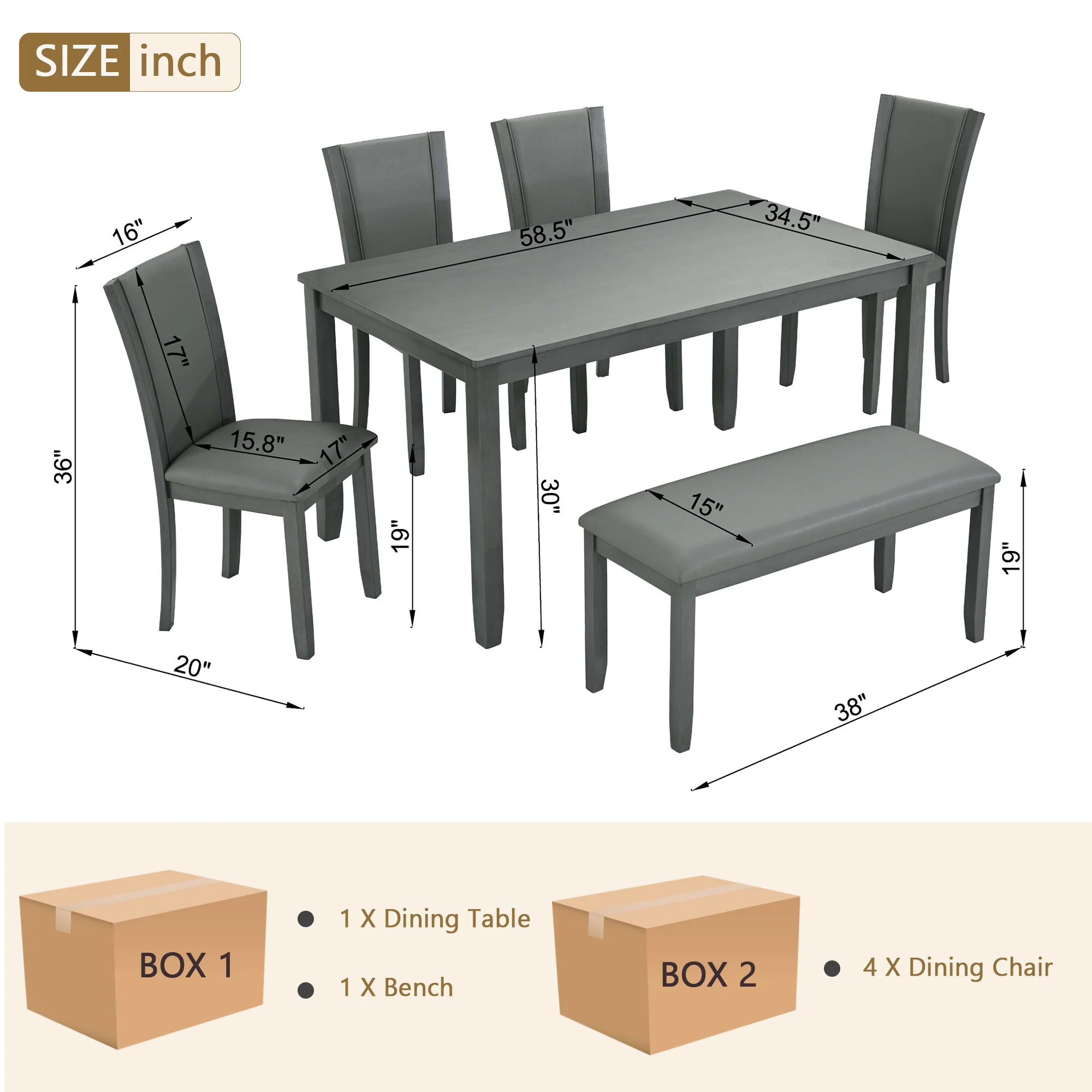 Modern 6 Piece Dining Table Set With Bench And Chairs For Dining Room Or Kitchen - Gray - Image 2