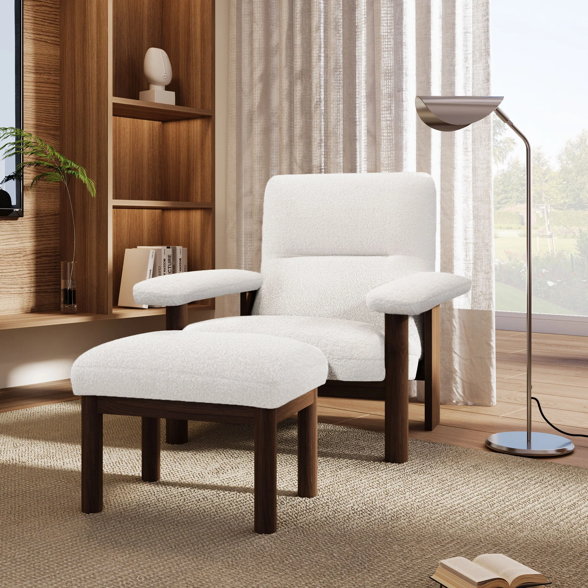Modern Accent Chair With Ottoman, Mid Century Lounge Chair With Footrest, Comfy Fabric Armchair Upholstered Set With Solid Wood Frame For Living Room - White - Image 3