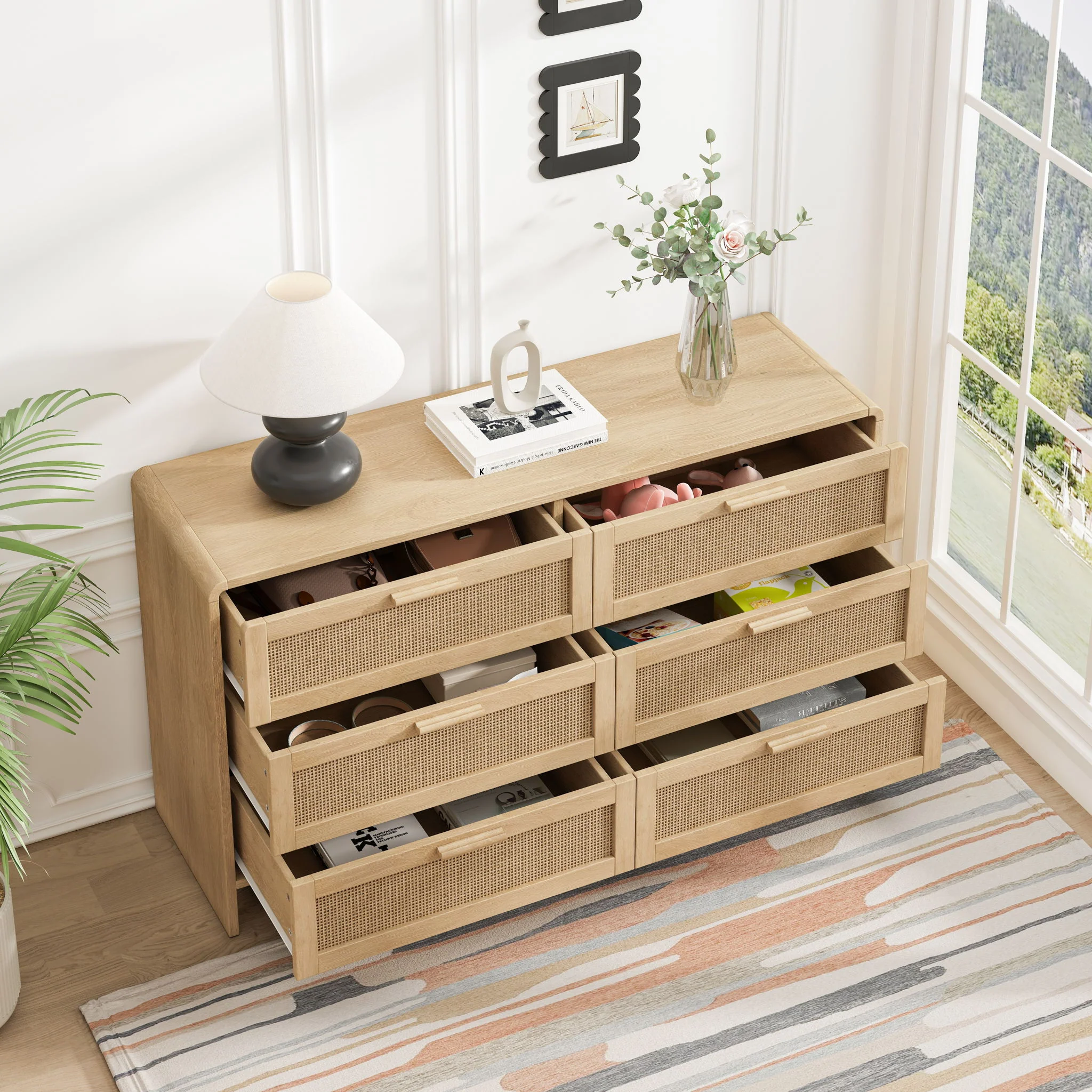 Modern Arc Shaped Corner Rattan Cabinet With 6 Drawers - Image 5