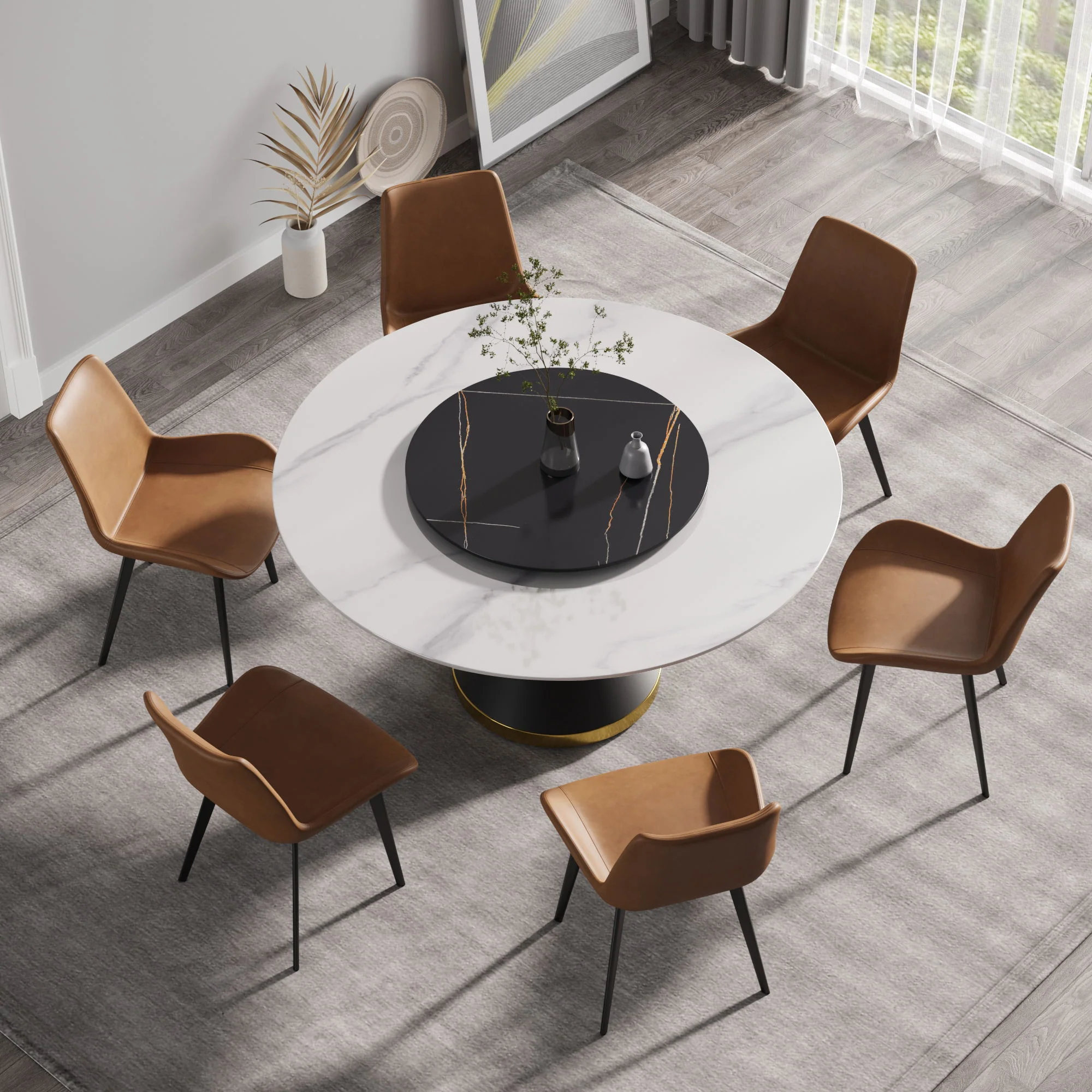 Modern Artificial Stone Round Carbon Steel Base Dining Table, Artificial Stone Turntable - Image 5