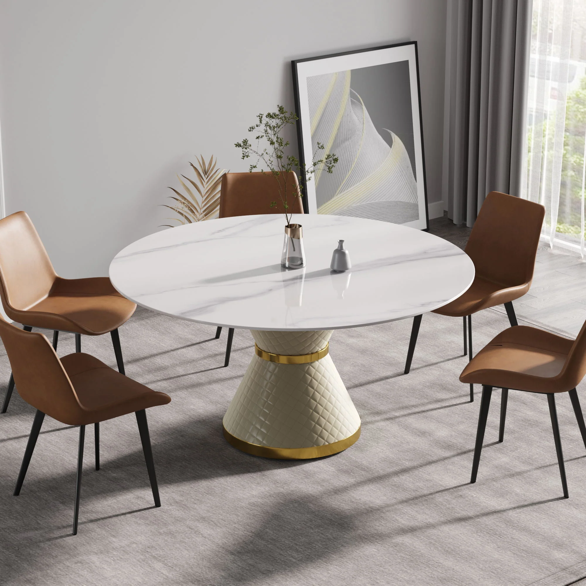 Modern Artificial Stone Round Carbon Steel Base Dining Table, Can Accommodate 6 People - Image 8