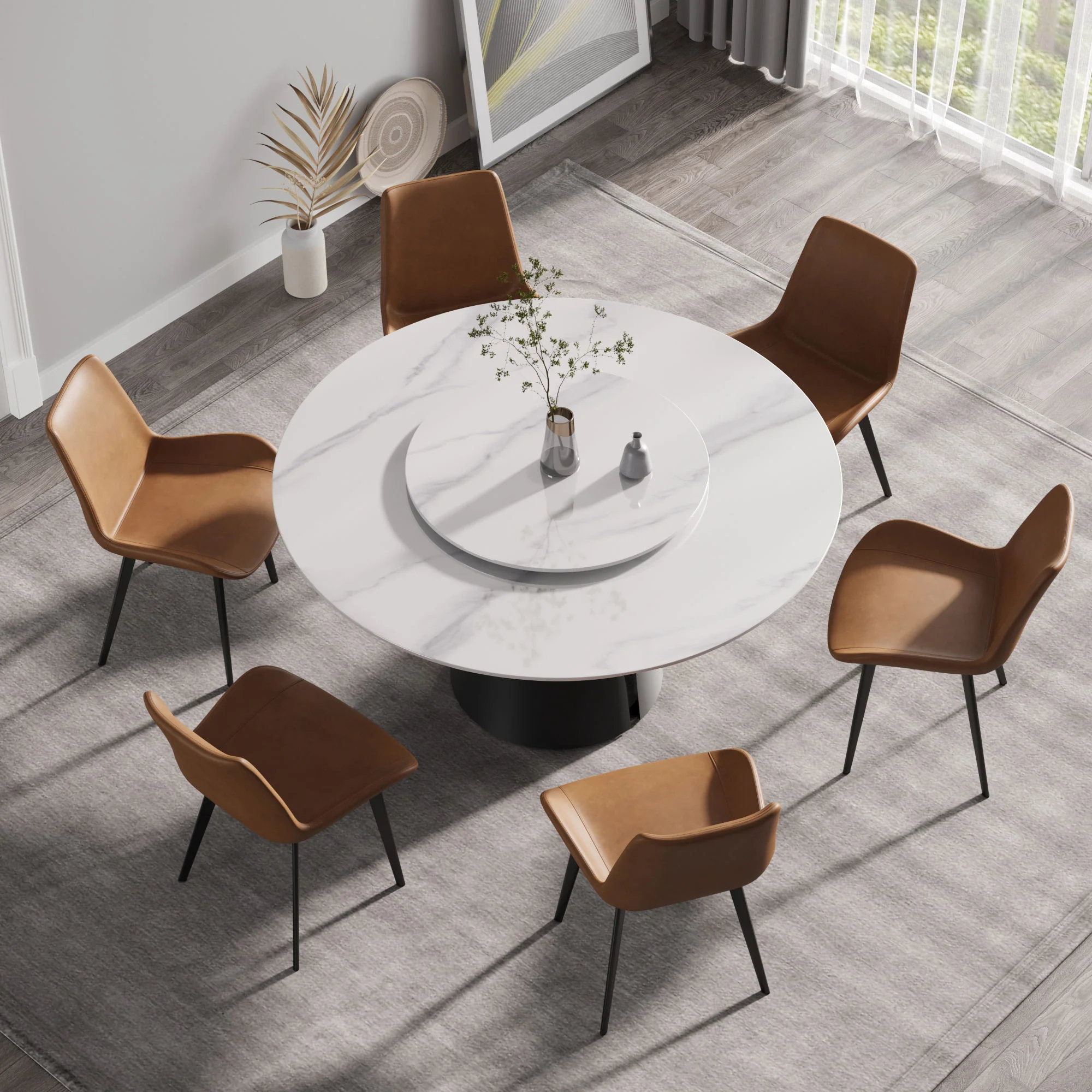 Modern Artificial Stone Round Carbon Steel Base Dining Table, Can Accommodate 6 People, Artificial Stone Turntable - Image 4