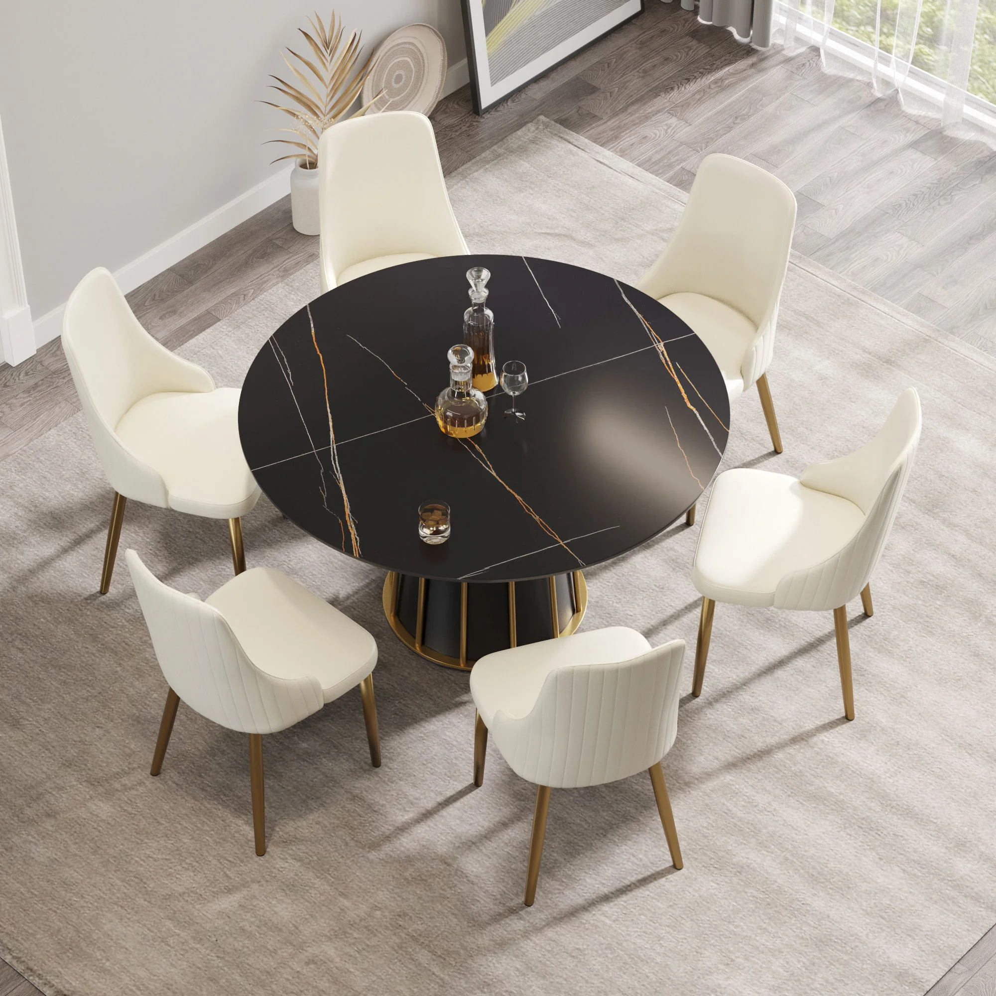 Modern Artificial Stone Round Metal Iron Base Dining Table, Can Accommodate 6 People (Not Including Chairs.) - Black - Image 2