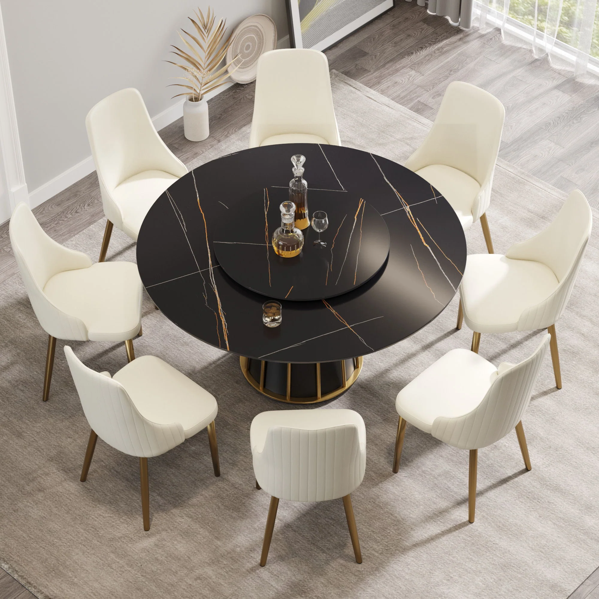 Modern Artificial Stone Round Metal Iron Base Dining Table, Can Accommodate 8 People Artificial Stone Turntable (Not Including Chairs) - Black - Image 2