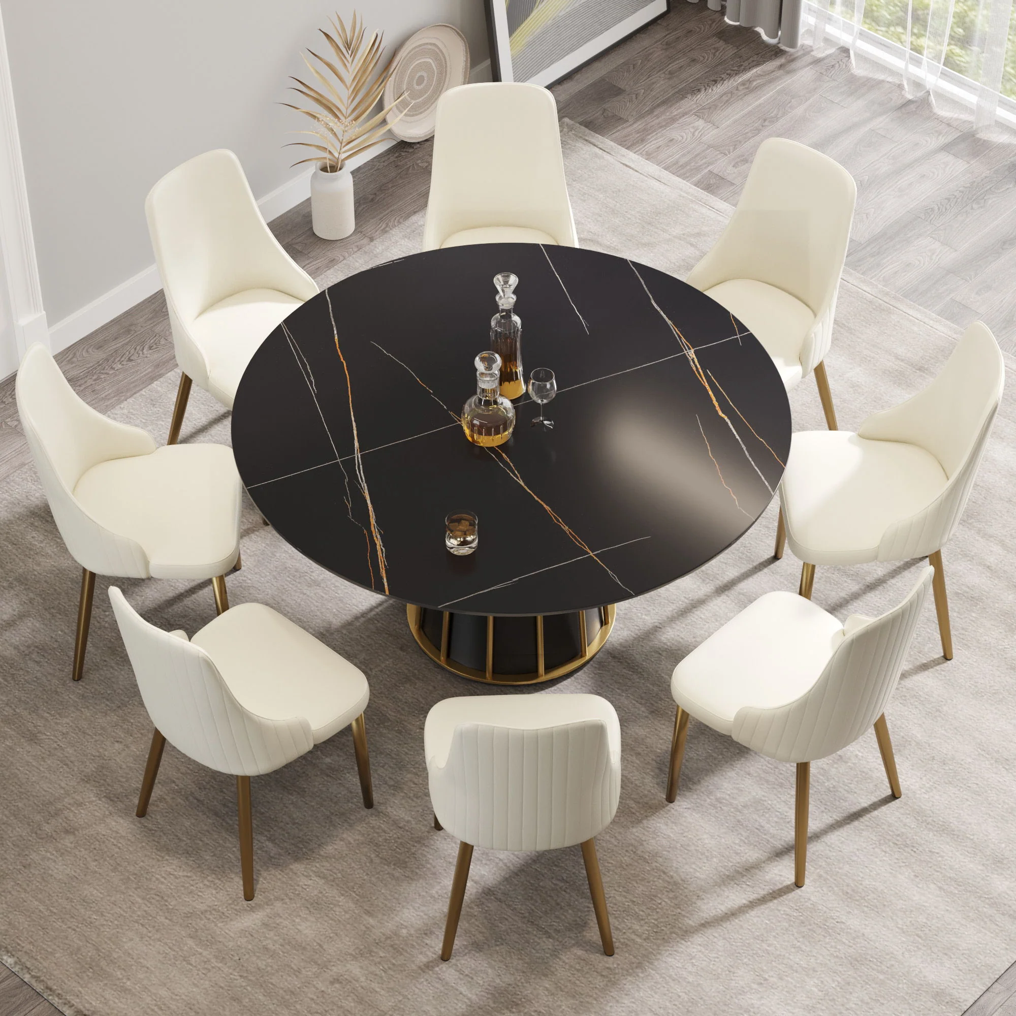 Modern Artificial Stone Round Metal Iron Base Dining Table, Can Accommodate 8 People, (Not Including Chairs) - Black - Image 3