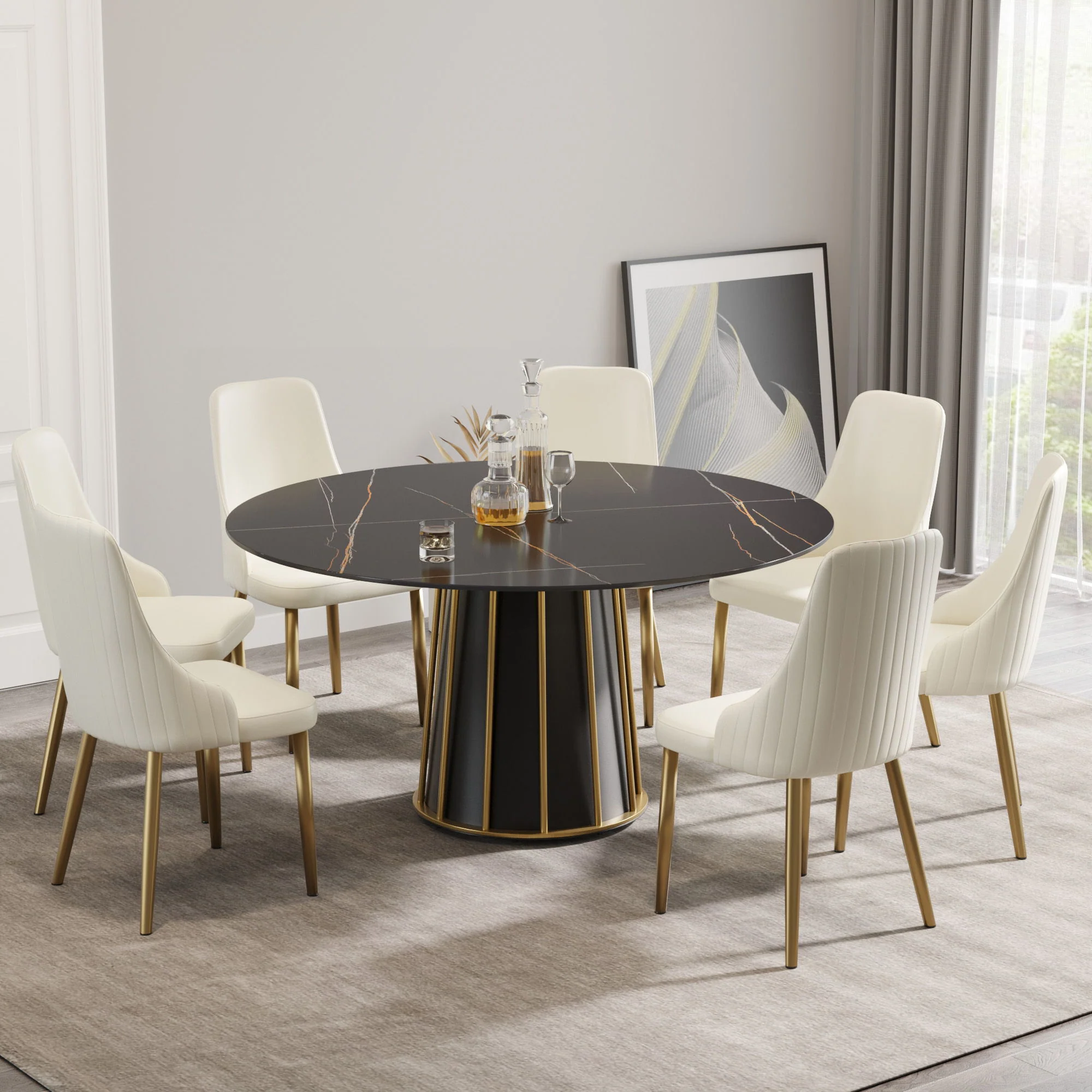 Modern Artificial Stone Round Metal Iron Base Dining Table, Can Accommodate 8 People, (Not Including Chairs) - Black - Image 4