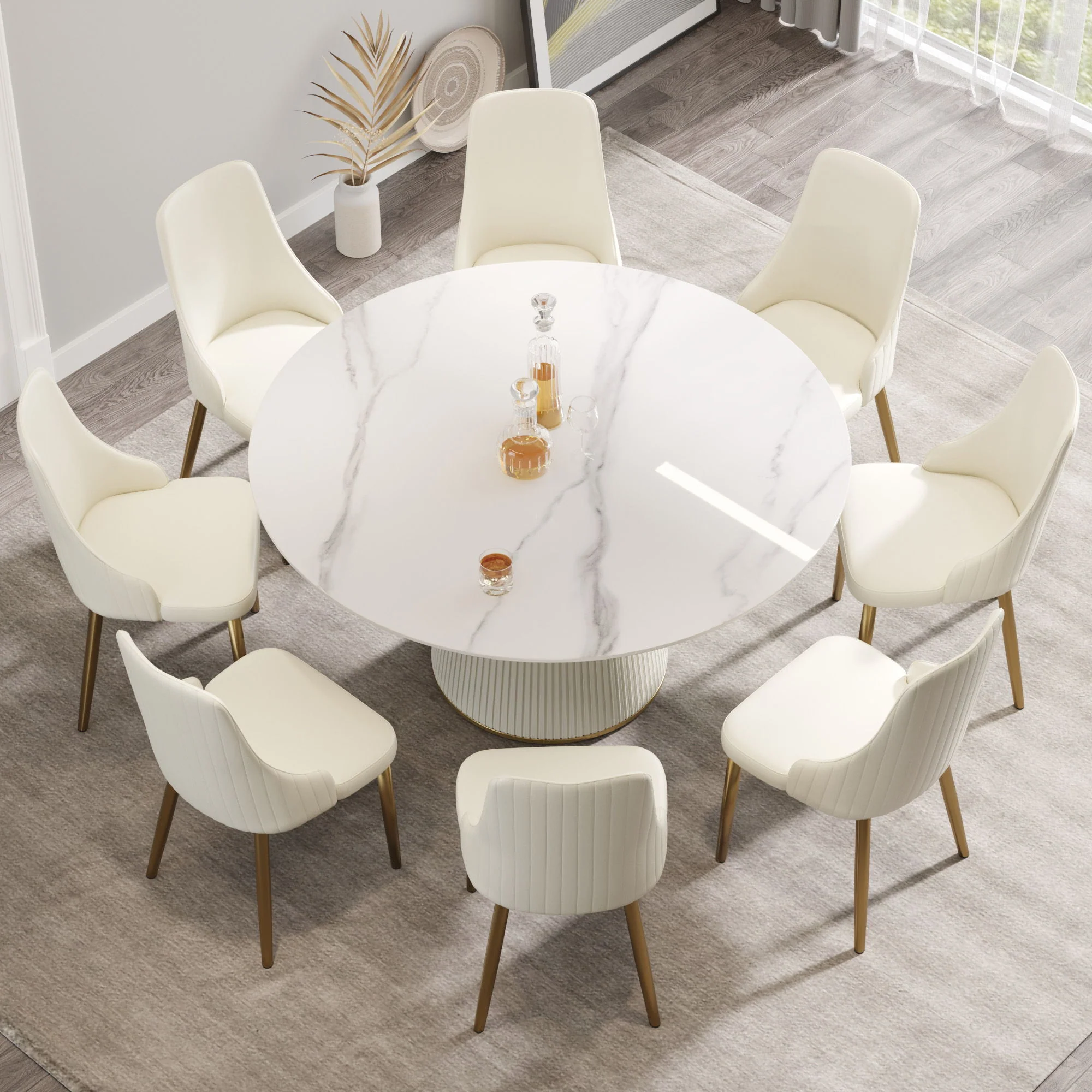 Modern Artificial Stone Round Plywood Base Dining Table, Can Accommodate 8 People, (Not Including Chairs) - White / Beige - Image 2