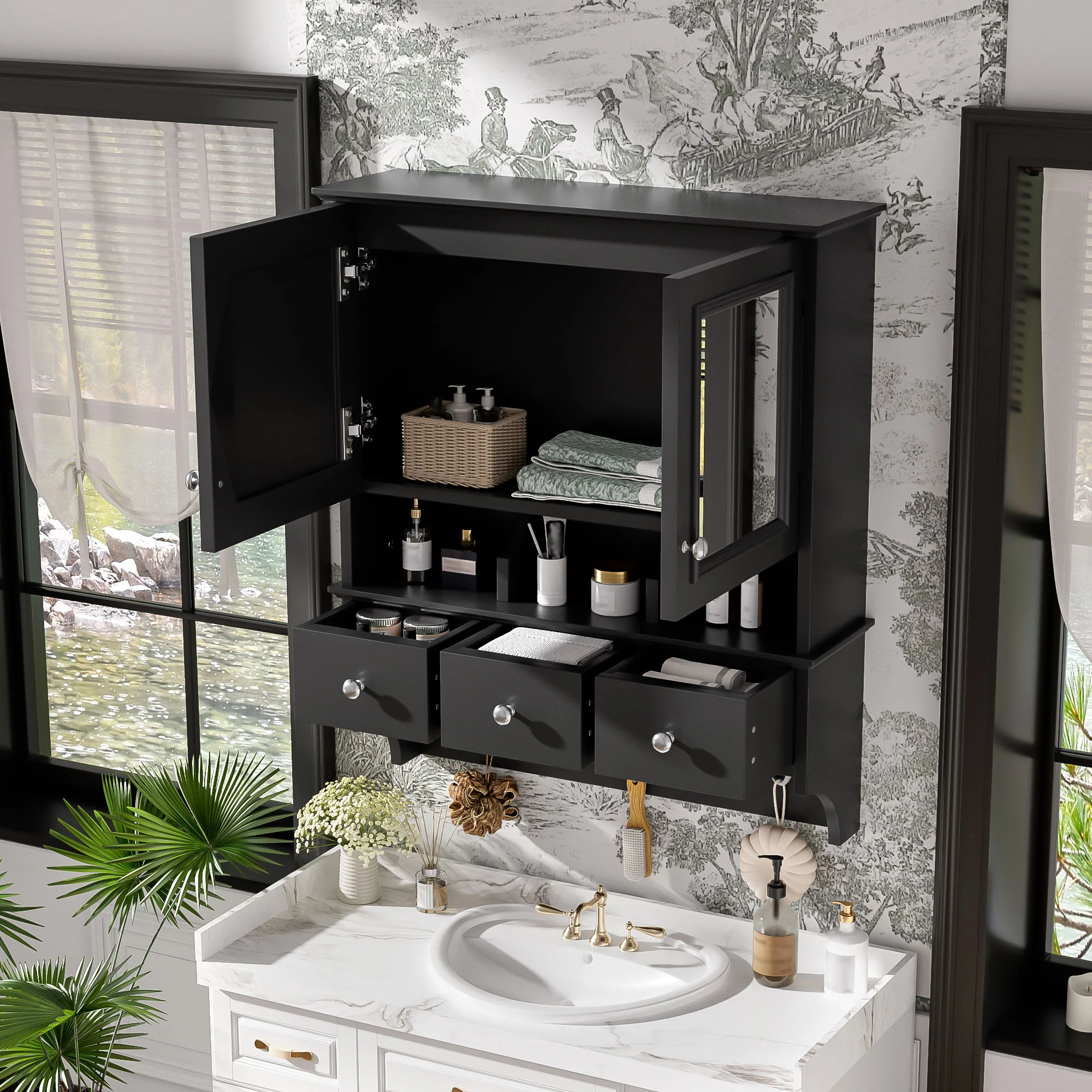 Modern Bathroom Mirror Cabinet With Drawers, Organizer Hooks, And High-Definition Mirrors - Image 4