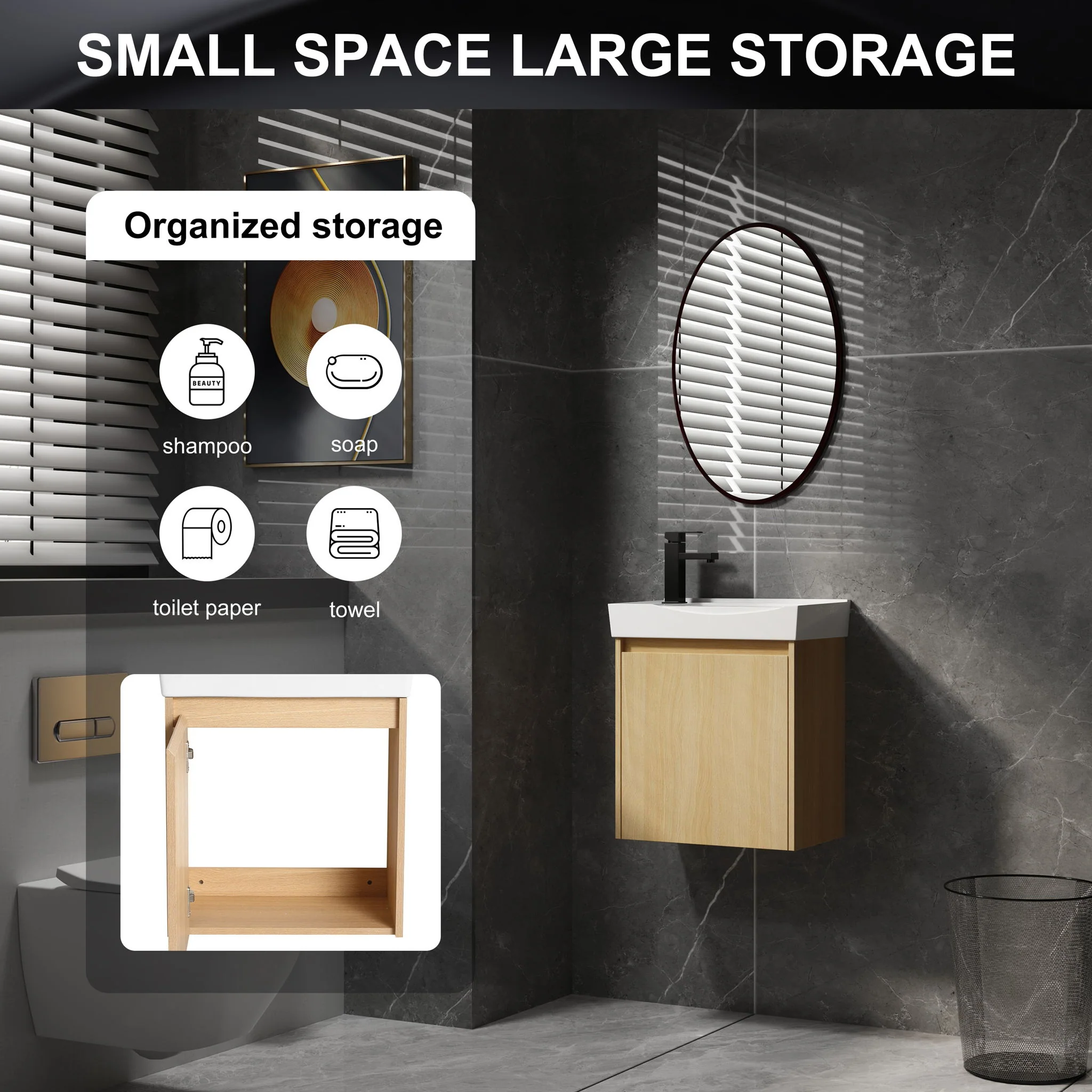 Modern Bathroom Vanity With Ceramic Basin, Wall Mounted Floating Sink Combo, Storage Cabinet - Image 12