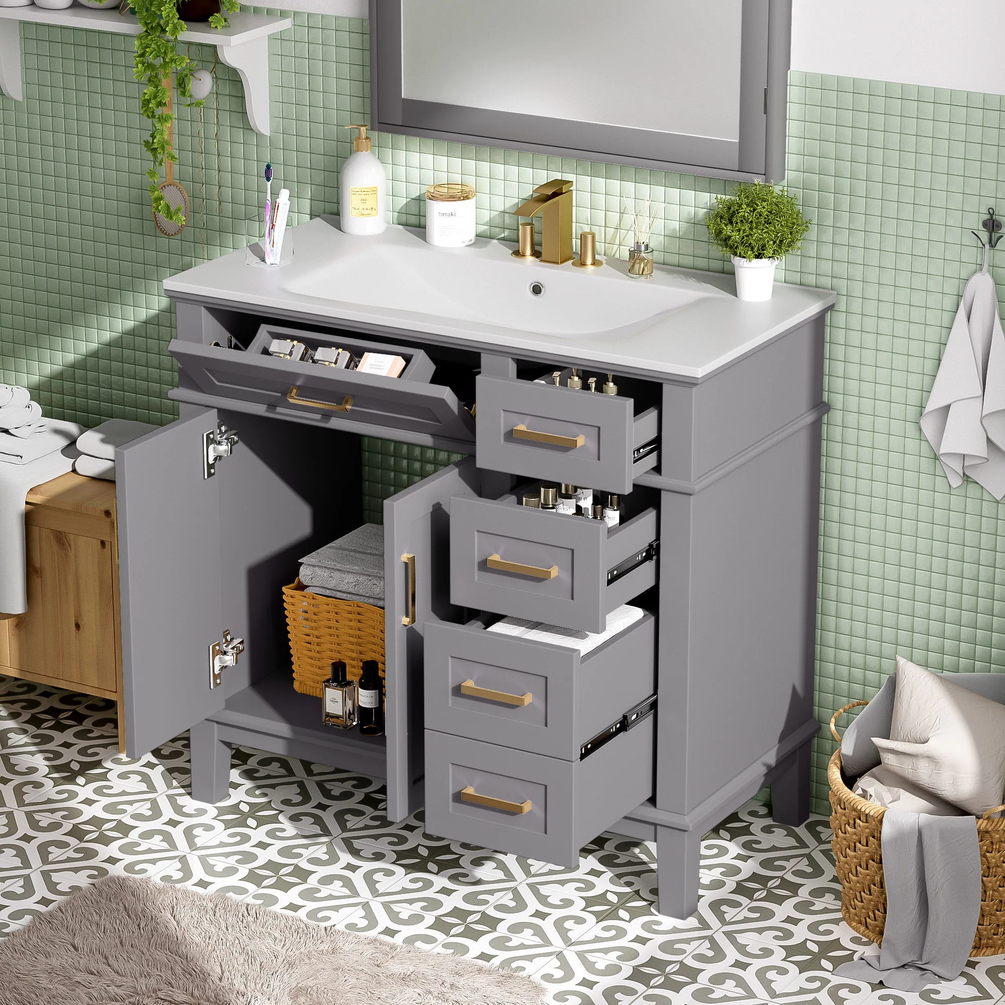 Modern Bathroom Vanity With Ceramic Sink, Soft Close Storage Cabinet - Image 14