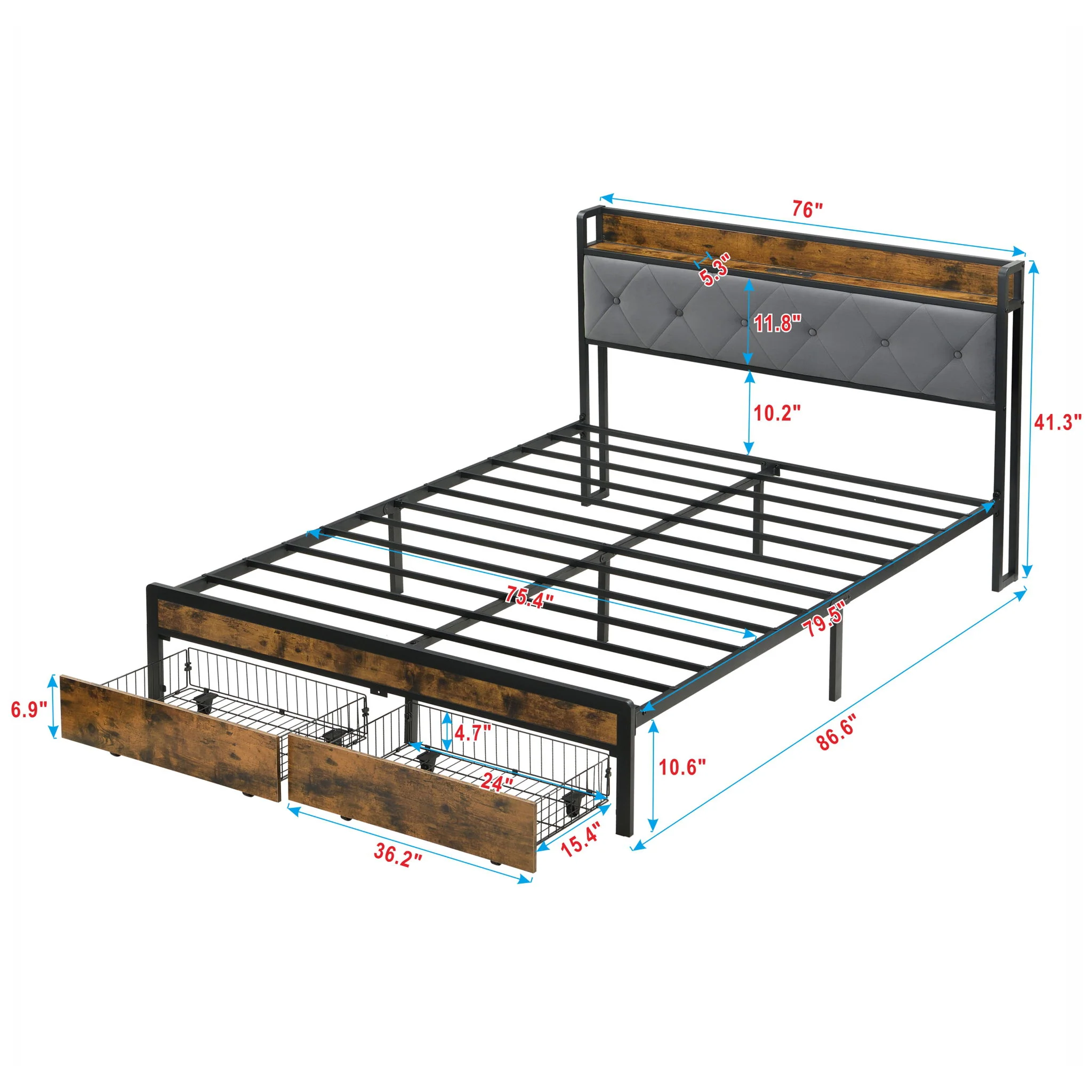 Modern Bed Frame With LED Lights, Upholstered Headboard, USB Charging - Image 3