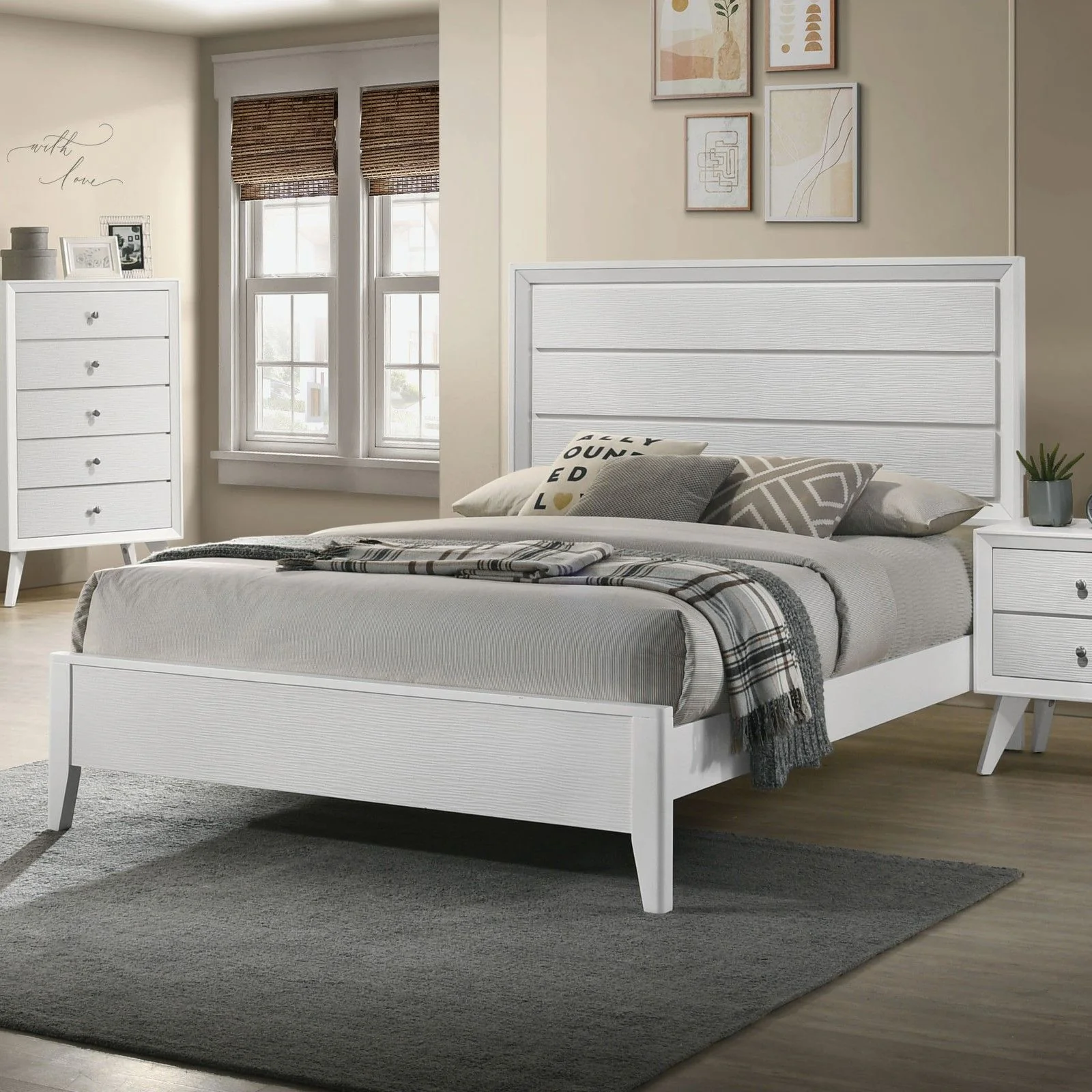 Modern Bed Frame With Wave Texture Headboard And Angled Legs - Image 3