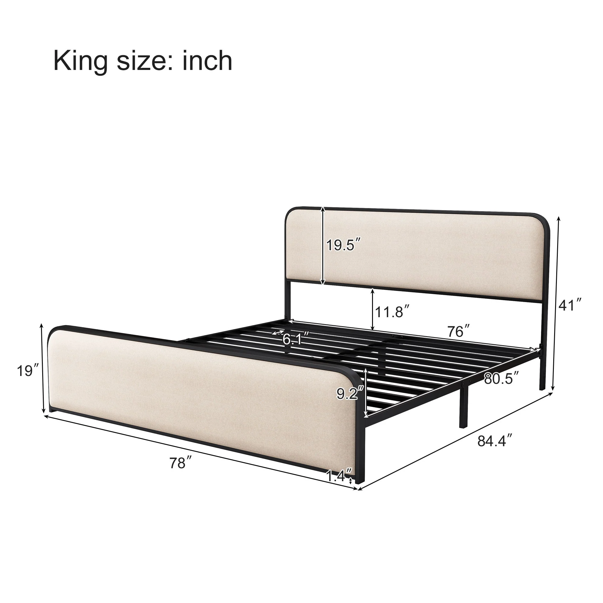 Modern Bed With Curved Upholstered Headboard And Footboard, Heavy Duty Metal Slats - Image 9