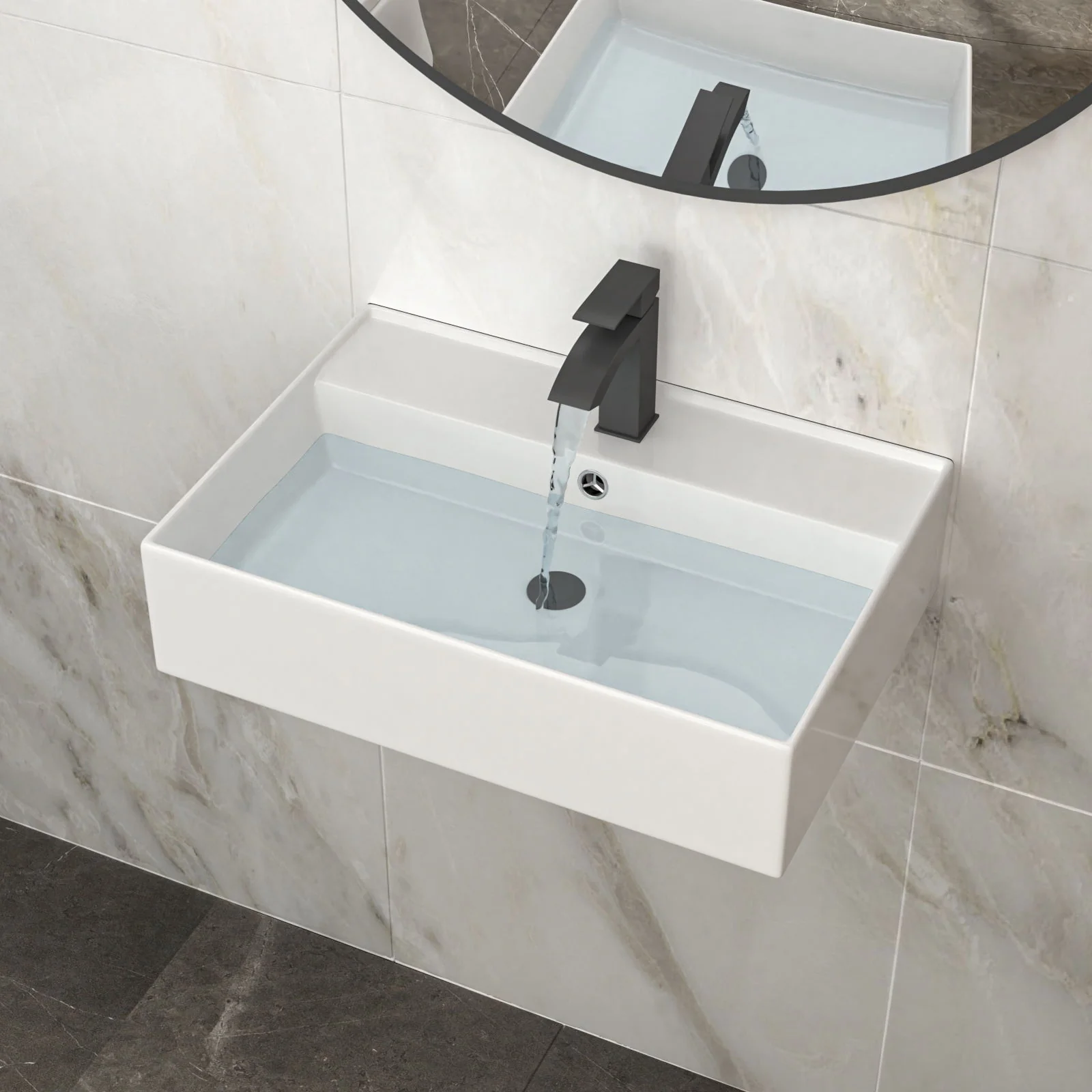 Modern Ceramic Rectangular Wall Mounted Bathroom Sink With Faucet Hole & Overflow - Image 5