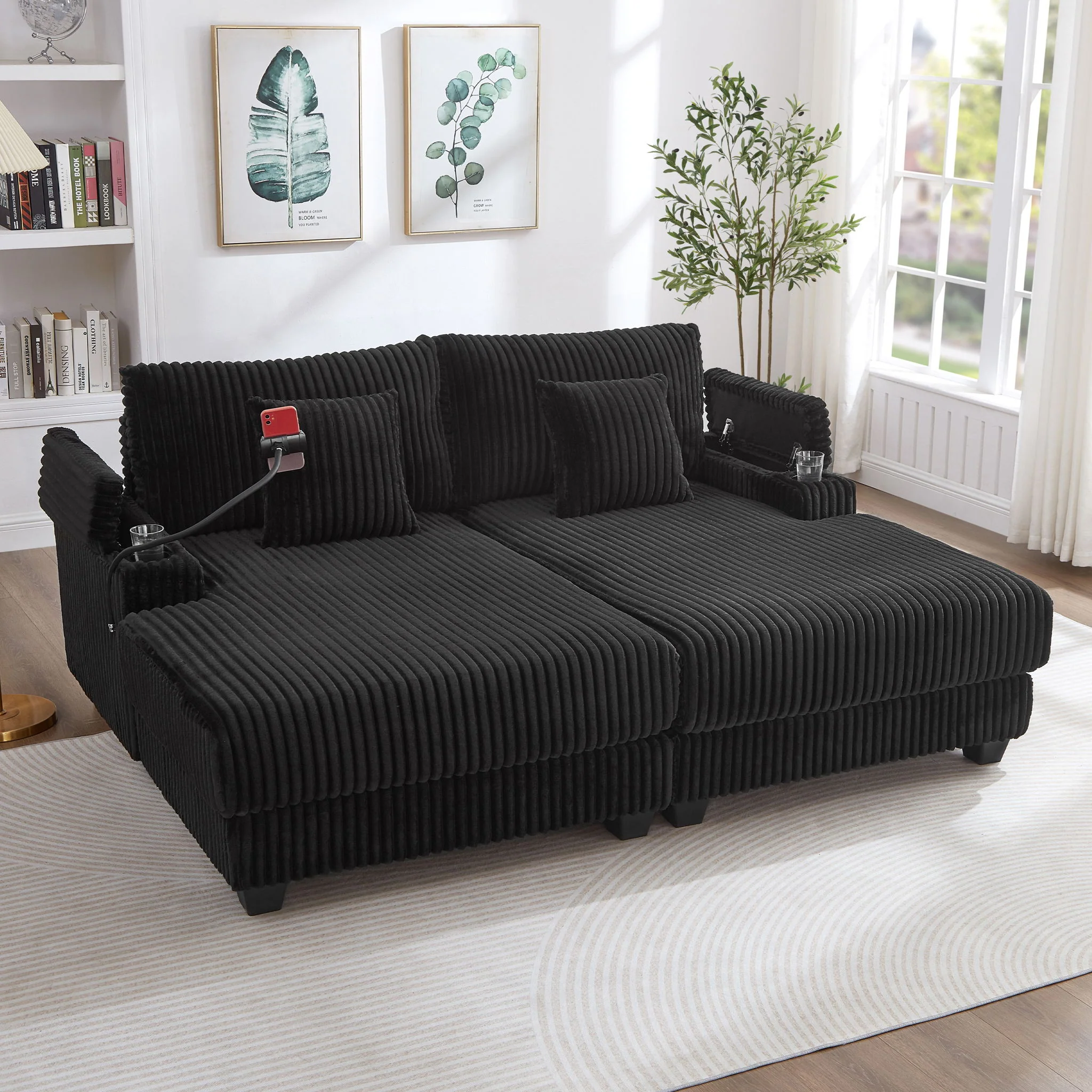 Modern Chaise Sofa With Adjustable Backrest, Cup Holders, Phone Holder & Storage Compartments For Living Room - Image 12
