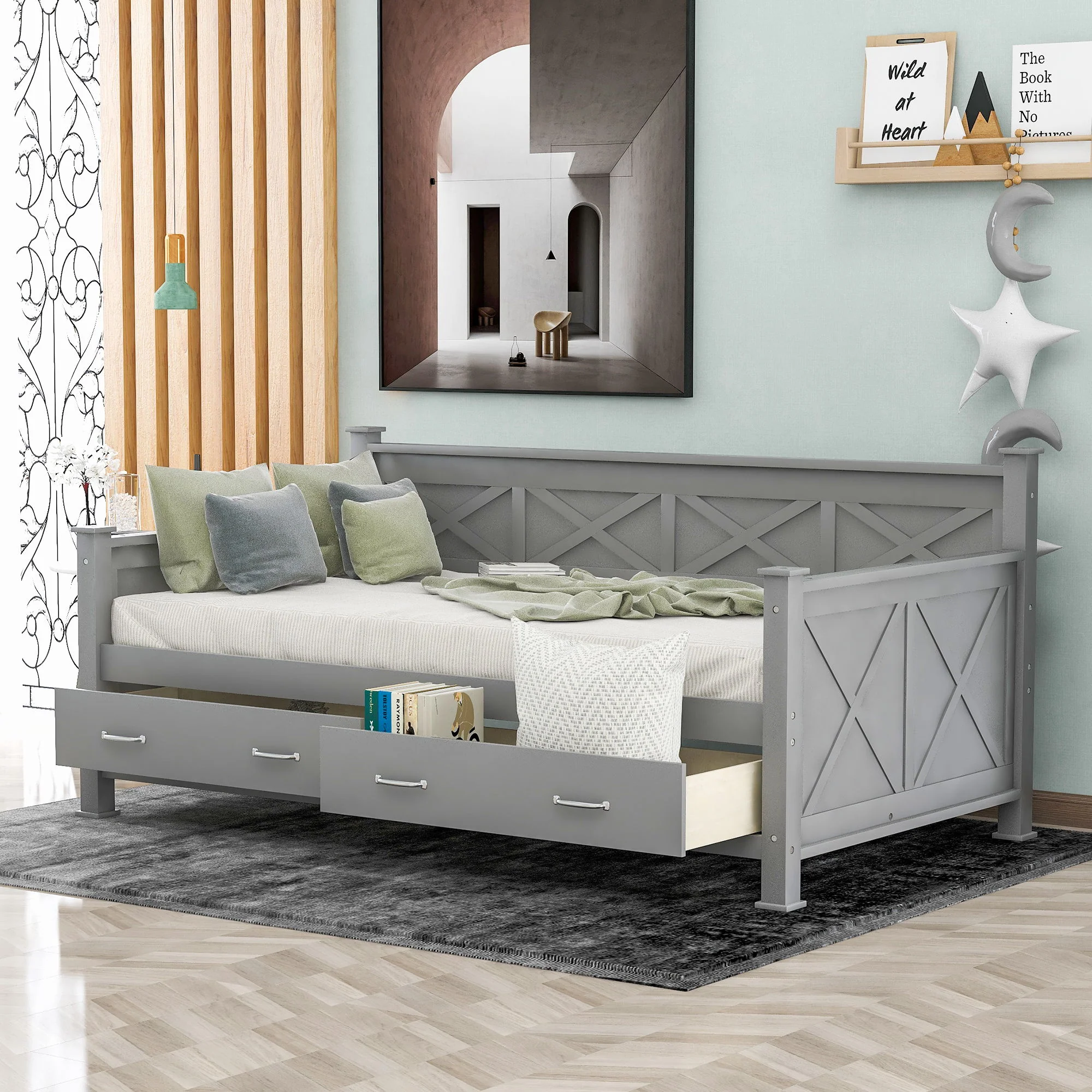 Modern Daybed With 2 Large Drawers, X Shaped Frame - Image 5