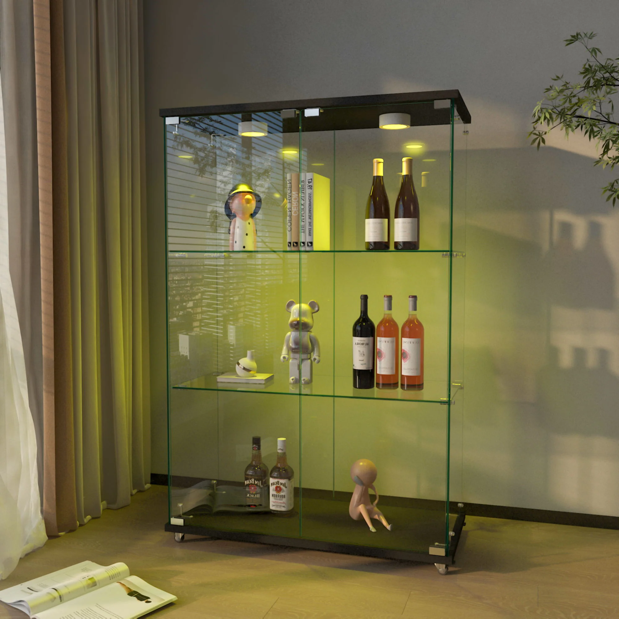Modern Display Cabinet With LED Lights, Transparent Tempered Glass 2 Door Storage Case With 3 Shelves - Image 7