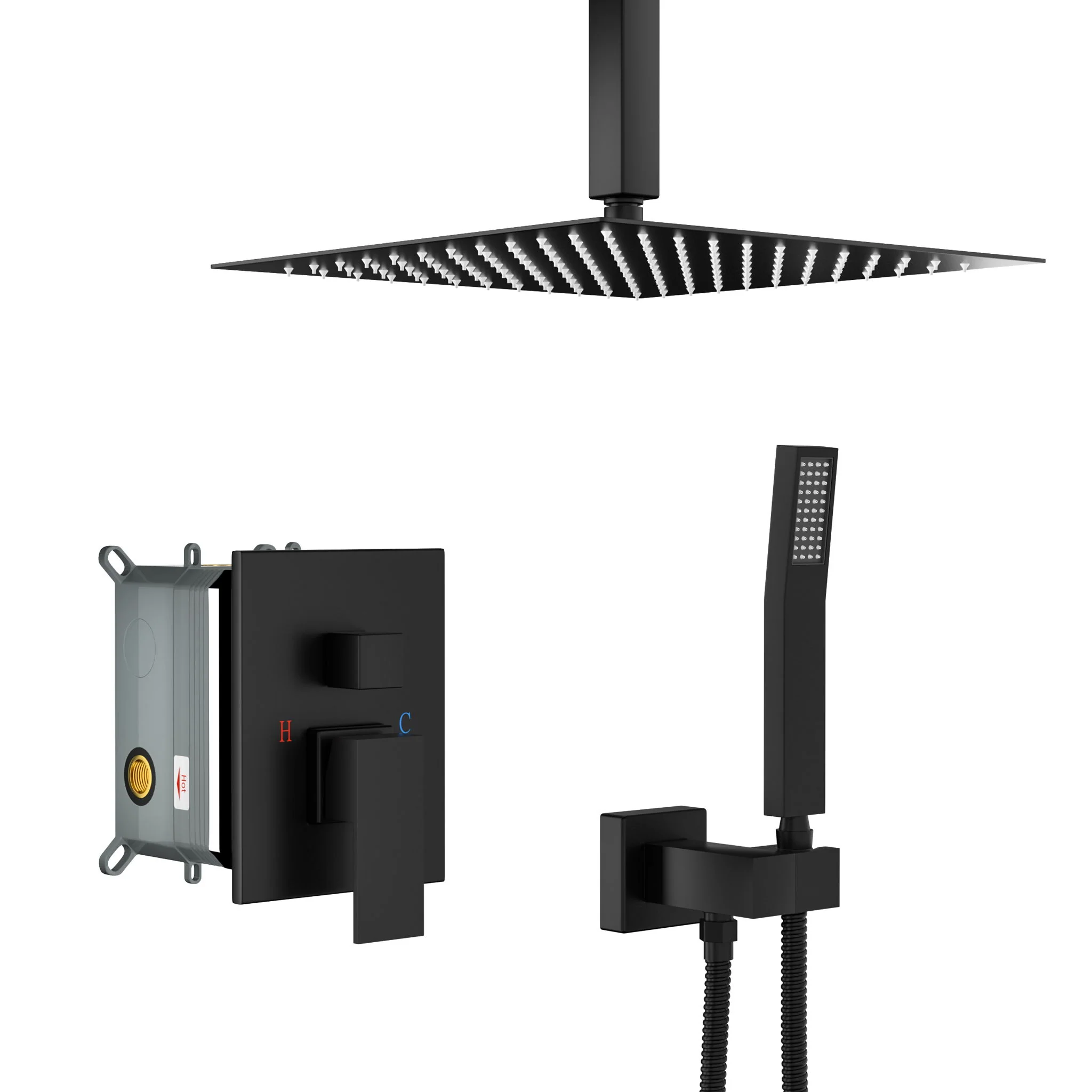 Modern Dual Shower Head System With 16" Ceiling Mount Finish, Stainless Steel And Brass - Image 2