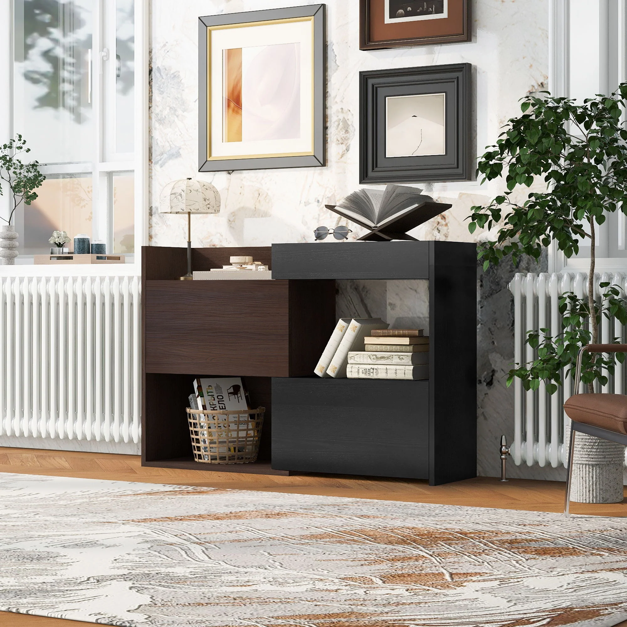 Modern Extendable & Rotating Cabinet With Drawer And Flip Doors For Versatile Storage - Black / Dark Walnut - Image 3