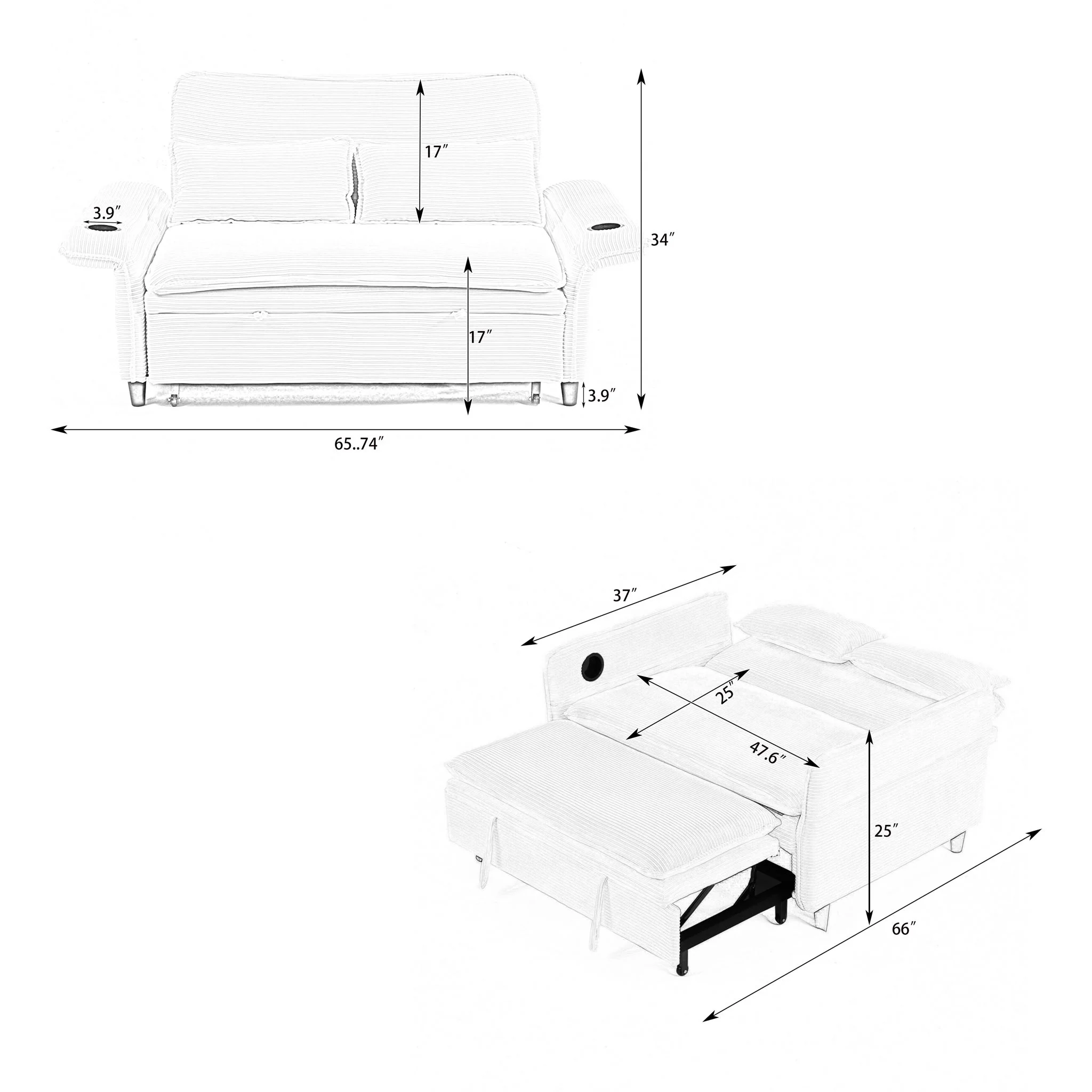 Modern Fabric Multi-Functional Sofa Bed With Adjustable Armrests And Backrests - Image 12