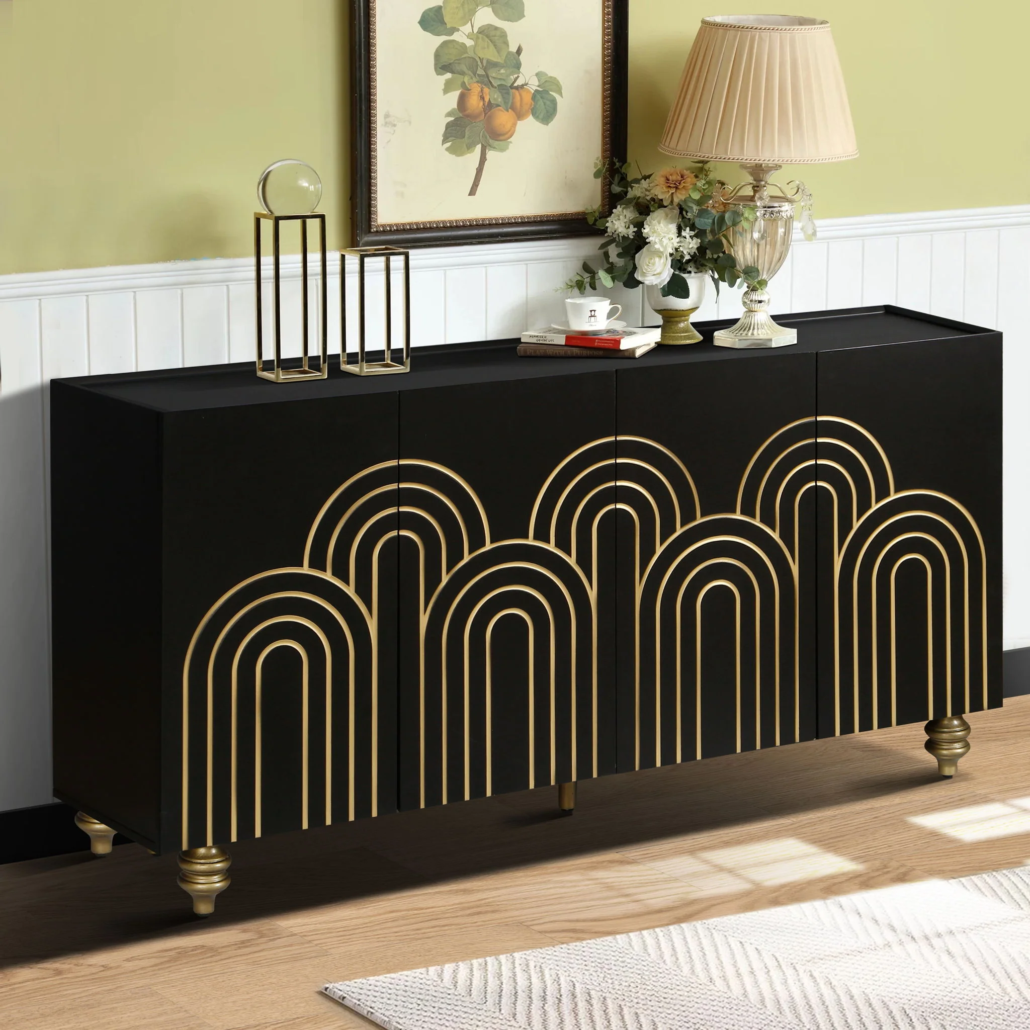 Modern Fluted Sideboard Buffet With Storage, Curve Element, 4 Doors With Adjustable Shelves - Image 4