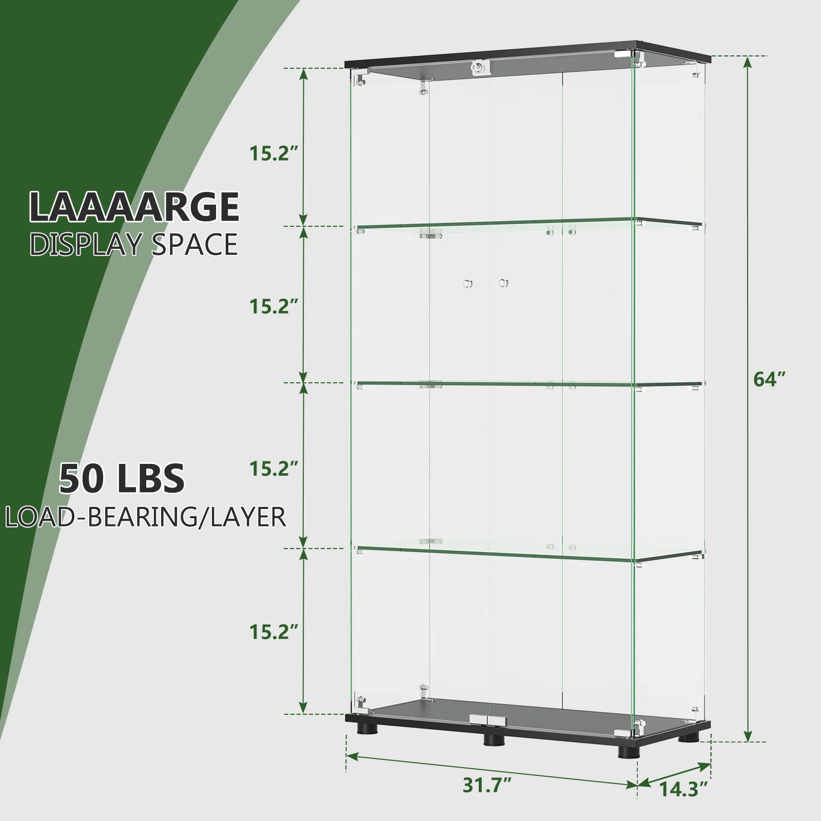 Modern Glass Display Cabinet With 4 Shelf Double Doors And Lock, Tempered Glass Bookshelf For Living Room - Black - Image 2