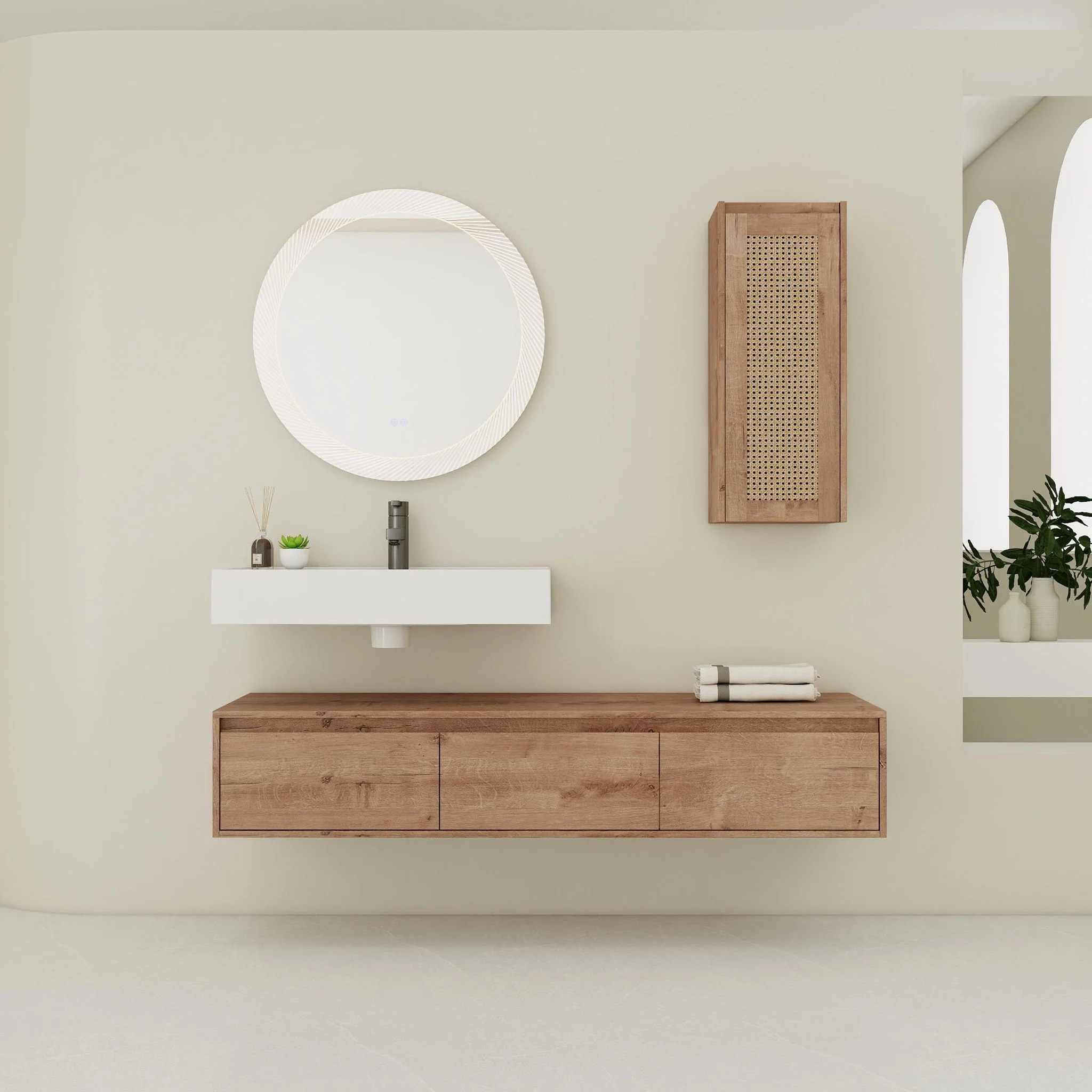 Modern Imitative Wall Mounted Bathroom Vanity With Resin Sink And Side Cabinet - Image 8