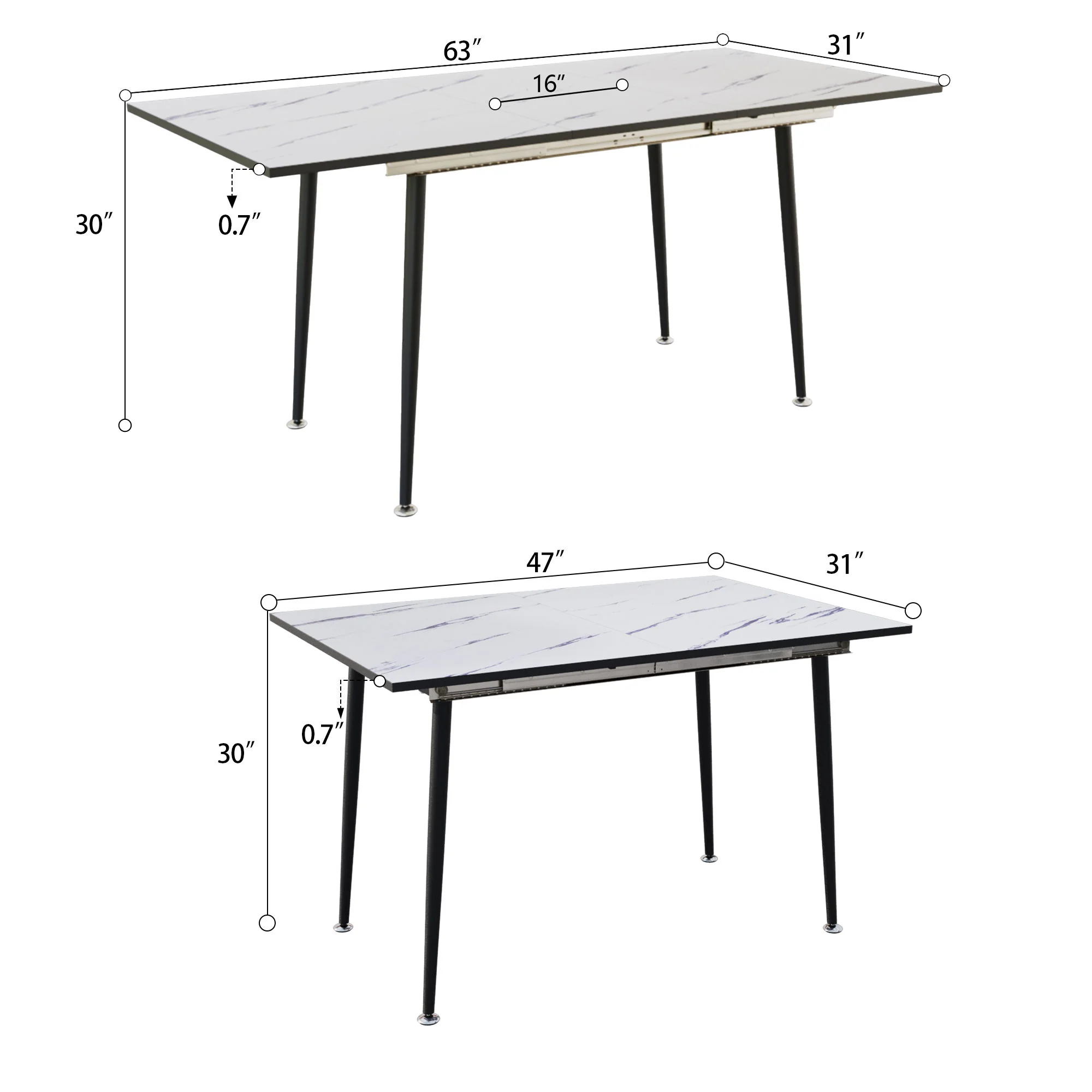 Modern Industrial Expandable Dining Table 47" To With Marble Pattern Top And Metal Legs - White - Image 3