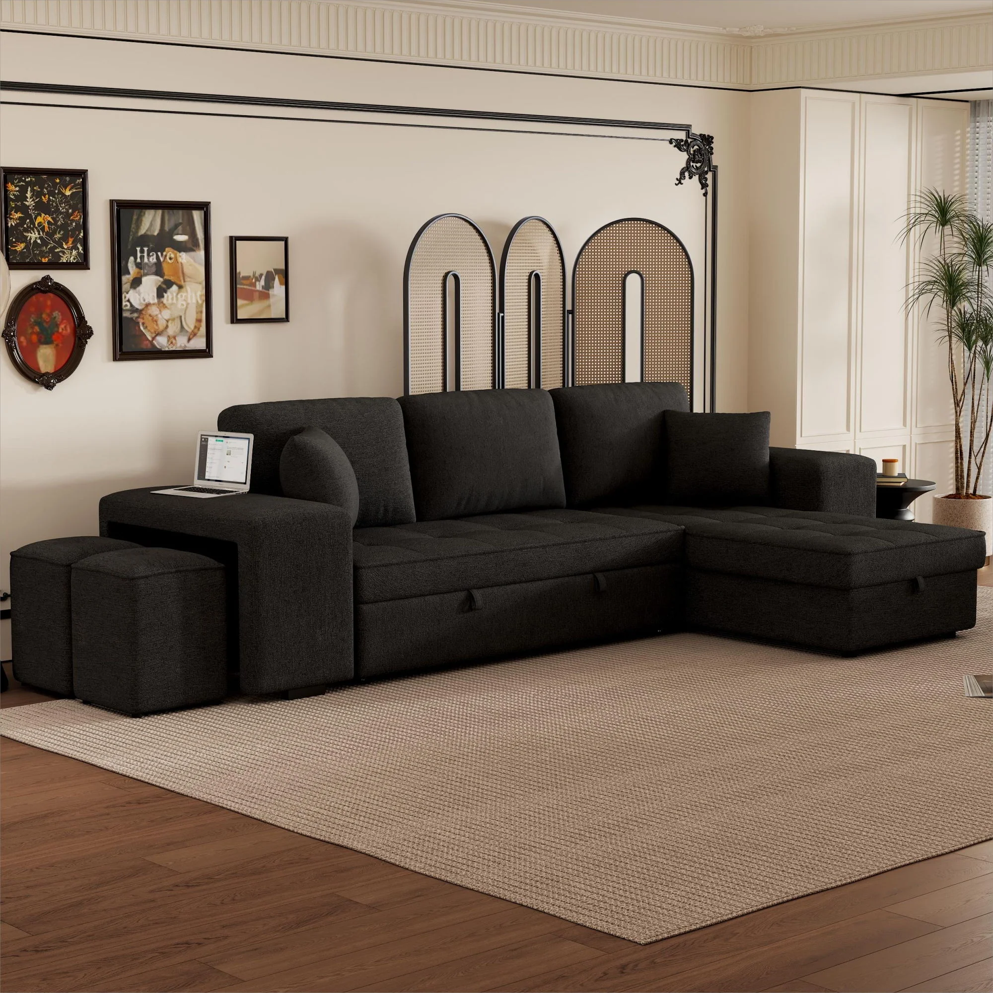 Modern L-Shape 3 Seat Reversible Sectional Couch, Pull Out Sleeper Sofa With Storage Chaise And 2 Stools For Living Room Furniture Set - Image 10