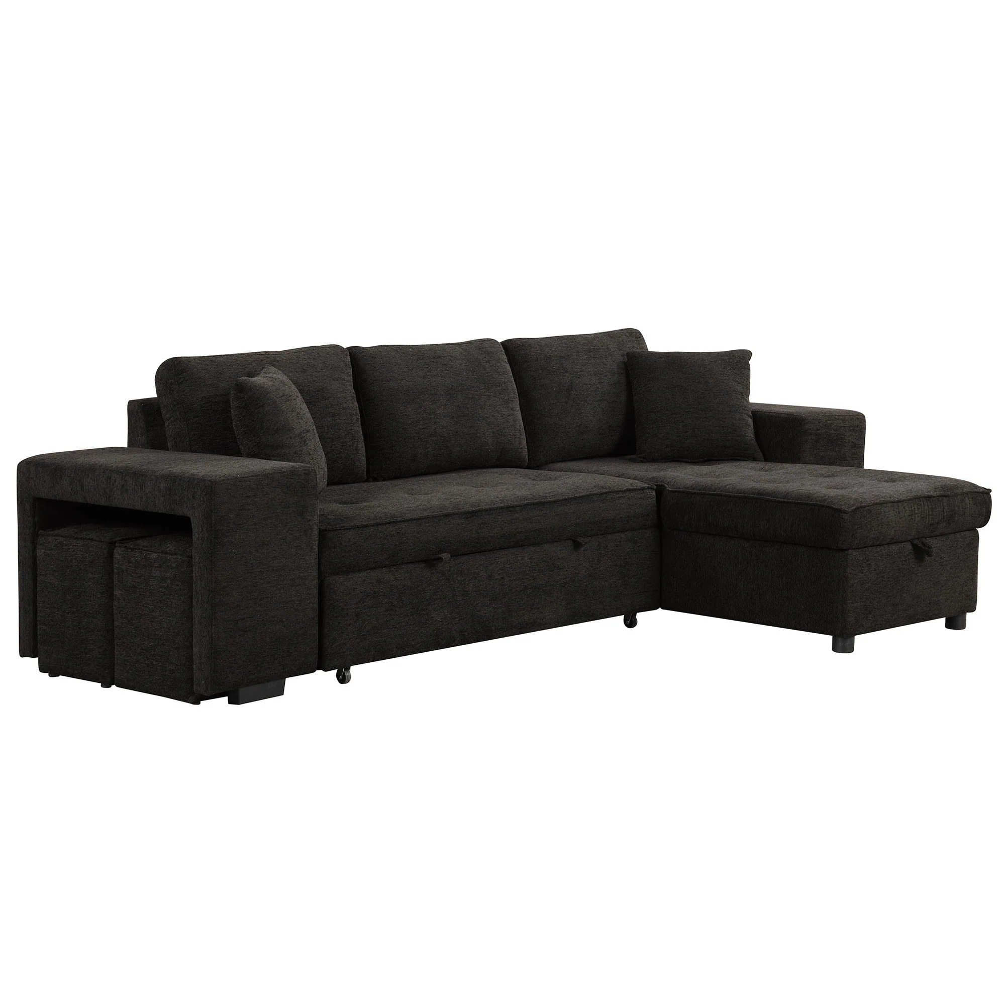 Modern L-Shape 3 Seat Reversible Sectional Couch, Pull Out Sleeper Sofa With Storage Chaise And 2 Stools For Living Room Furniture Set - Image 3