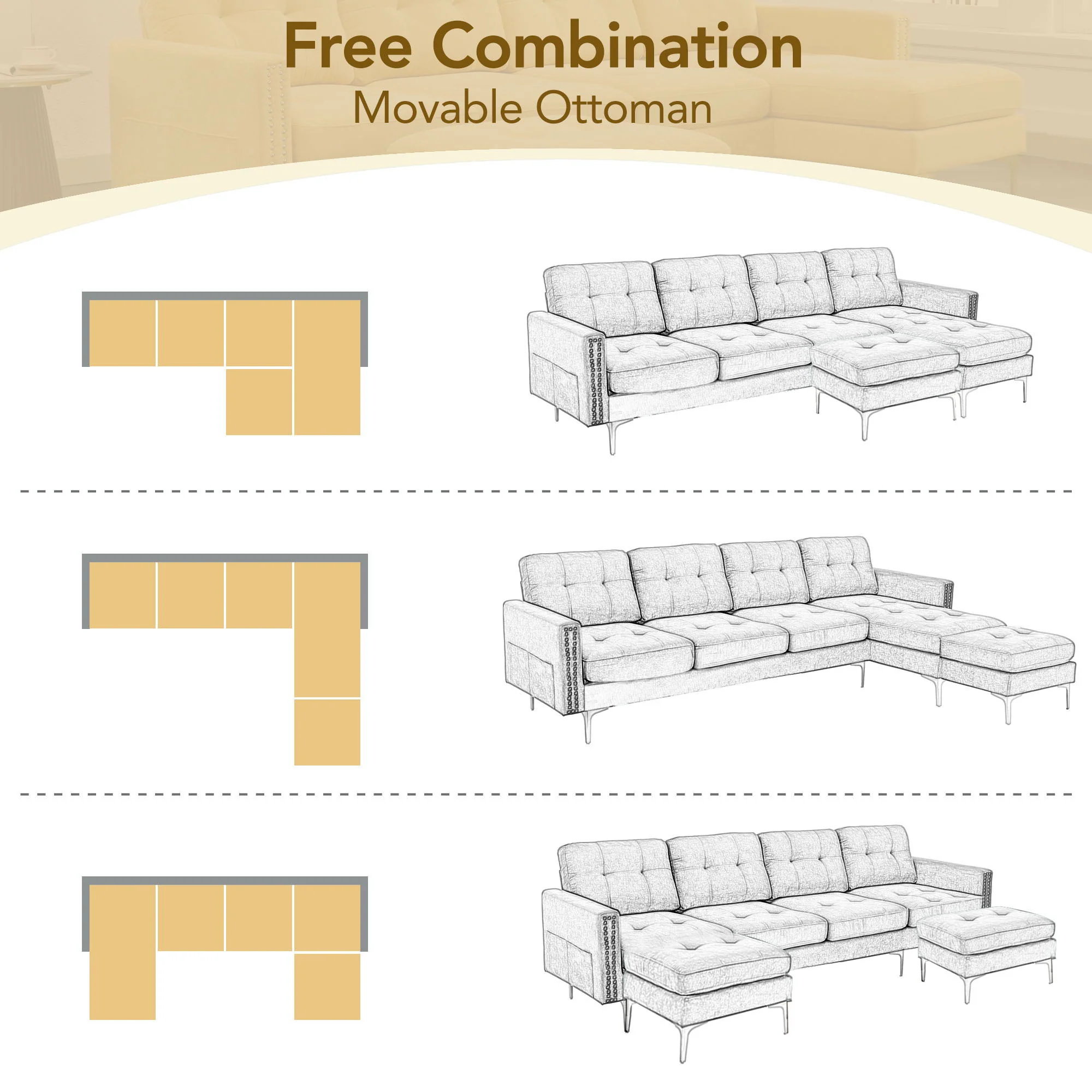 Modern L - Shape Convertible Sectional Sofa With Movable Ottoman - Image 8