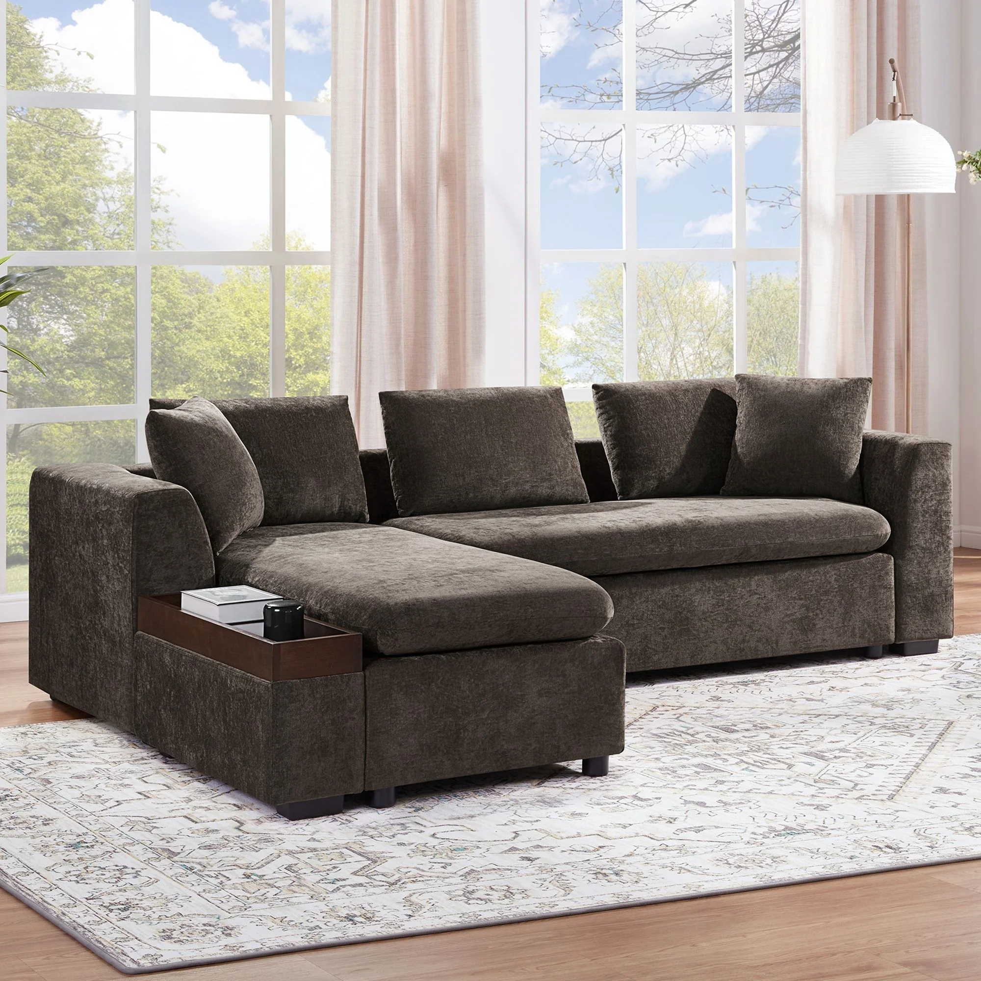 Modern L Shaped Sectional Sofa With Upholstery And Wooden Storage - Image 5