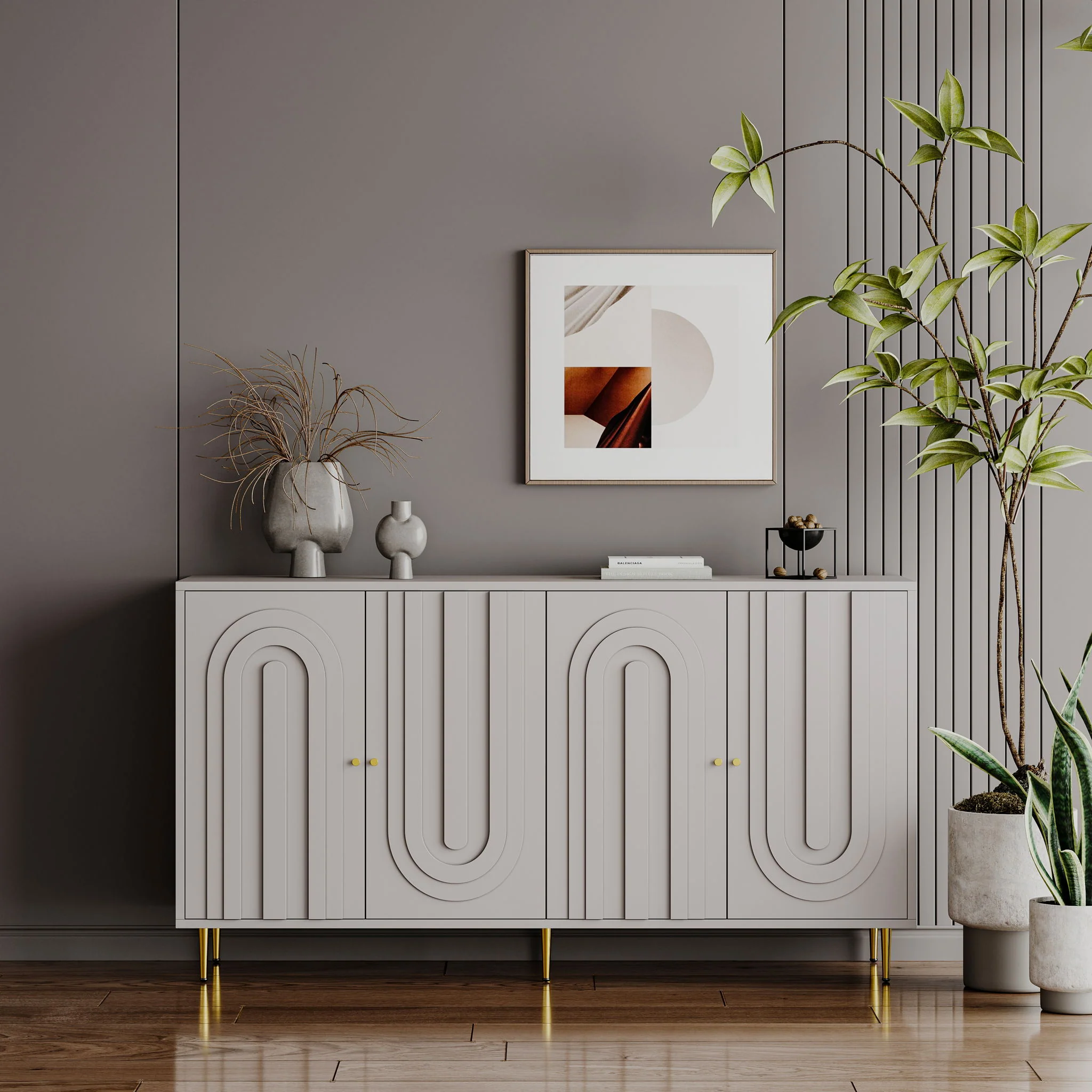 Modern Lacquered 4 Door Cabinet Sideboard Buffet Server Cabinet Storage Cabinet, For Living Room, Entryway, Hallway, Office, Kitchen And Dining Room - Image 8