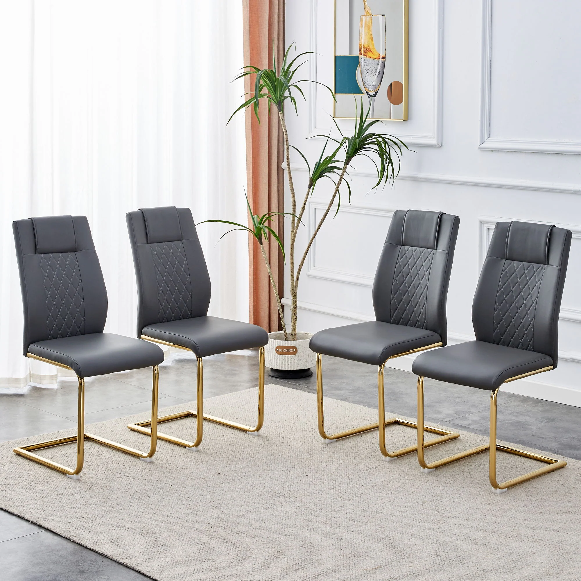 Modern Legged Upholstered Dining Chairs (Set of 4) Artificial For Kitchen And Office - Gray - Image 2
