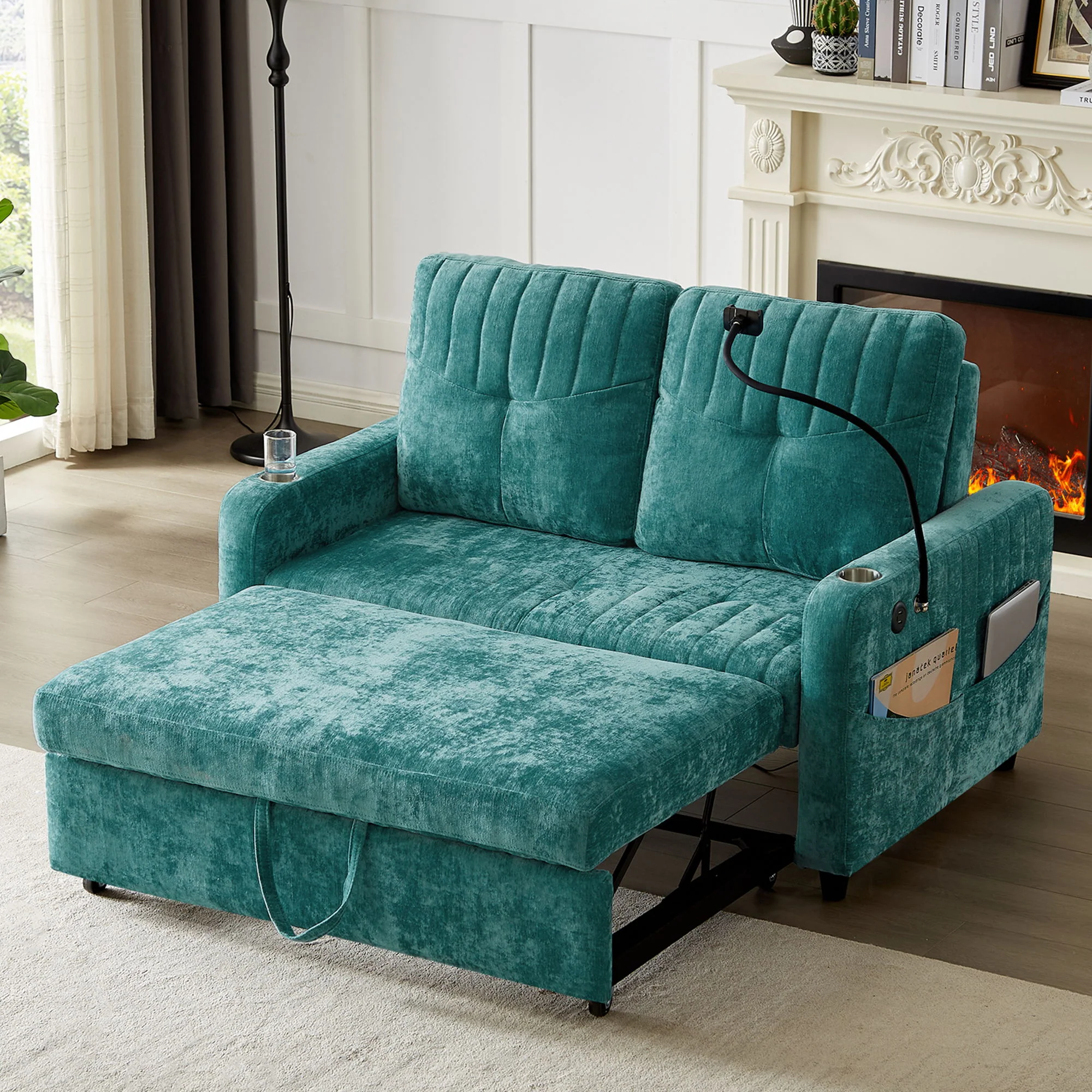 Modern Loveseat Pull Out Sofa Bed With Adjustable Backrest, Two Cup Holders, A Phone Holder, Three Charging Ports And Side Storage Pockets For Living Room - Image 10