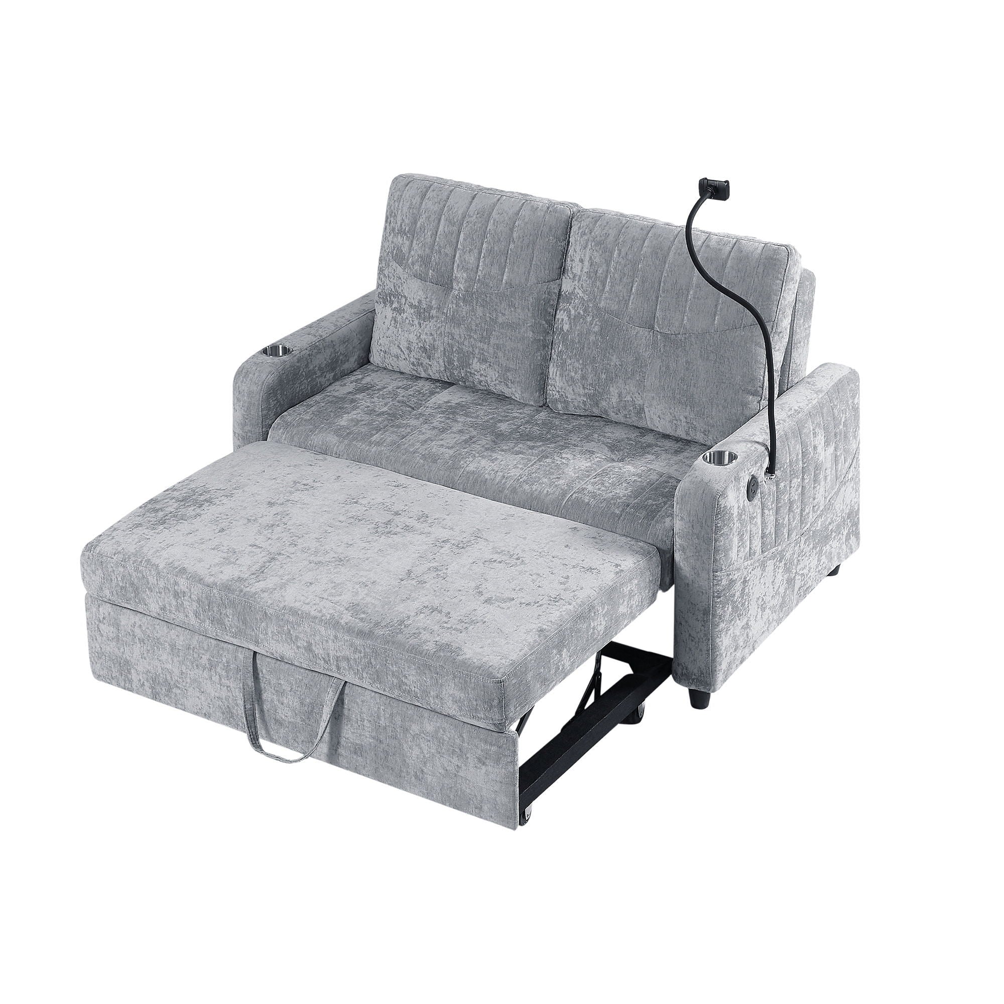 Modern Loveseat Pull Out Sofa Bed With Adjustable Backrest, Two Cup Holders, A Phone Holder, Three Charging Ports And Side Storage Pockets For Living Room - Image 3