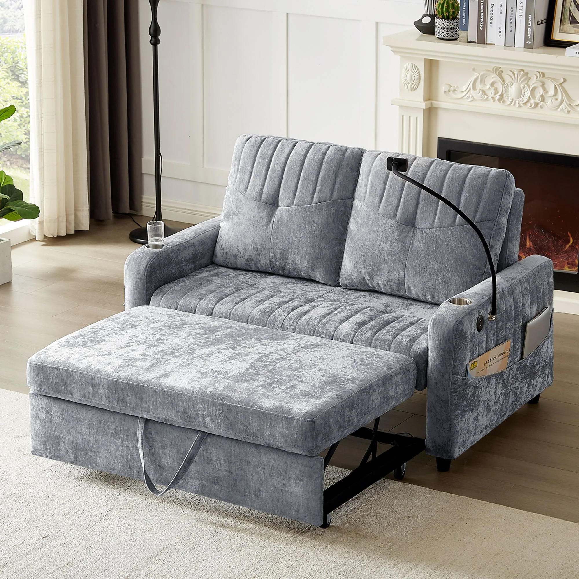 Modern Loveseat Pull Out Sofa Bed With Adjustable Backrest, Two Cup Holders, A Phone Holder, Three Charging Ports And Side Storage Pockets For Living Room - Image 4