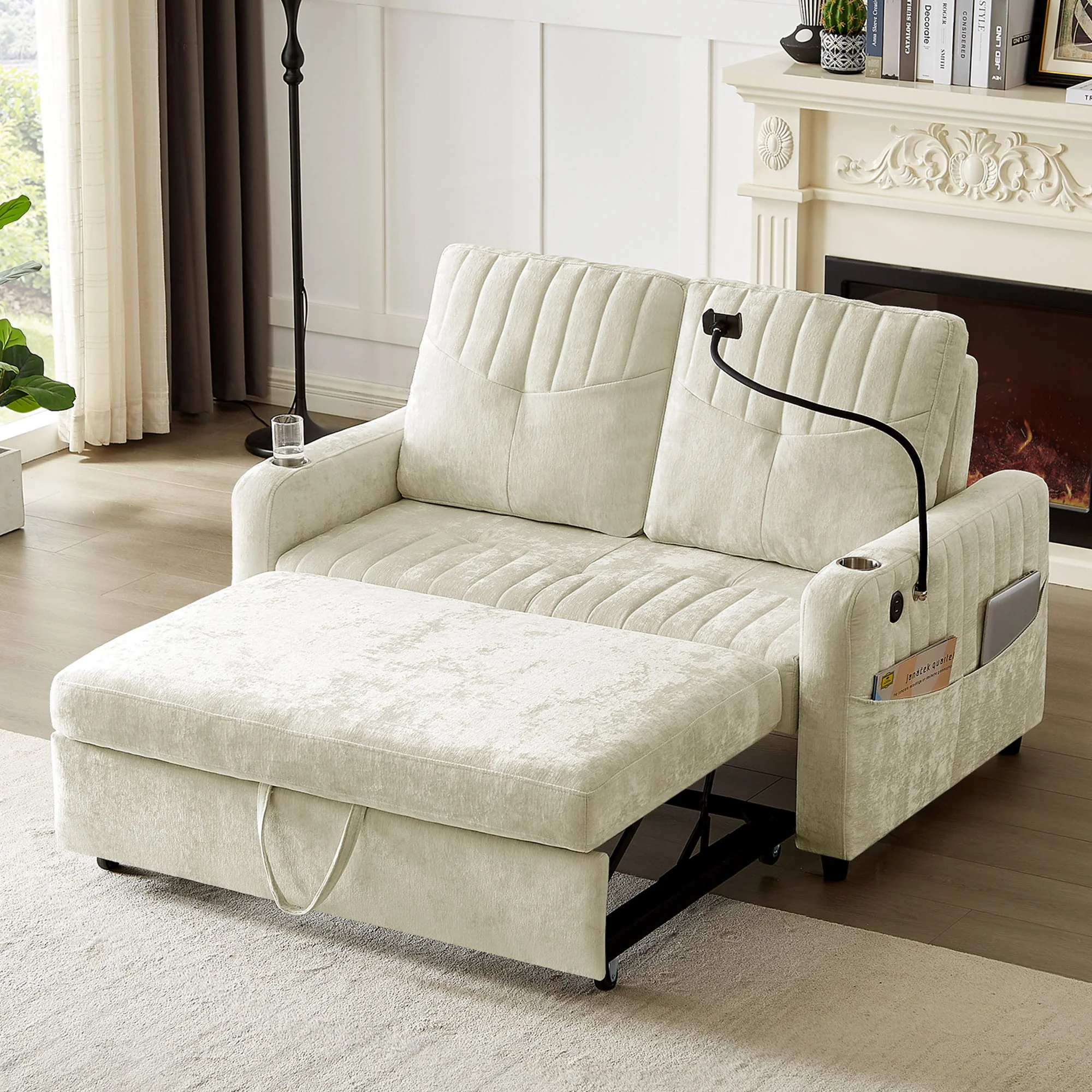 Modern Loveseat Pull Out Sofa Bed With Adjustable Backrest, Two Cup Holders, A Phone Holder, Three Charging Ports And Side Storage Pockets For Living Room - Image 6