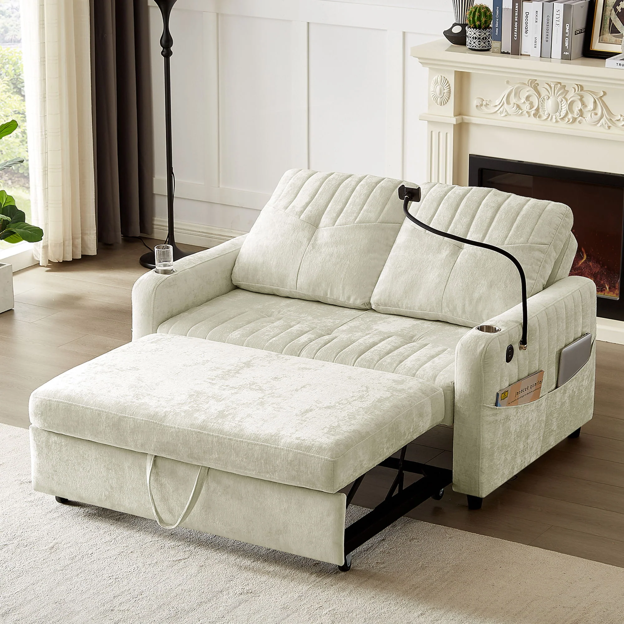 Modern Loveseat Pull Out Sofa Bed With Adjustable Backrest, Two Cup Holders, A Phone Holder, Three Charging Ports And Side Storage Pockets For Living Room - Image 7