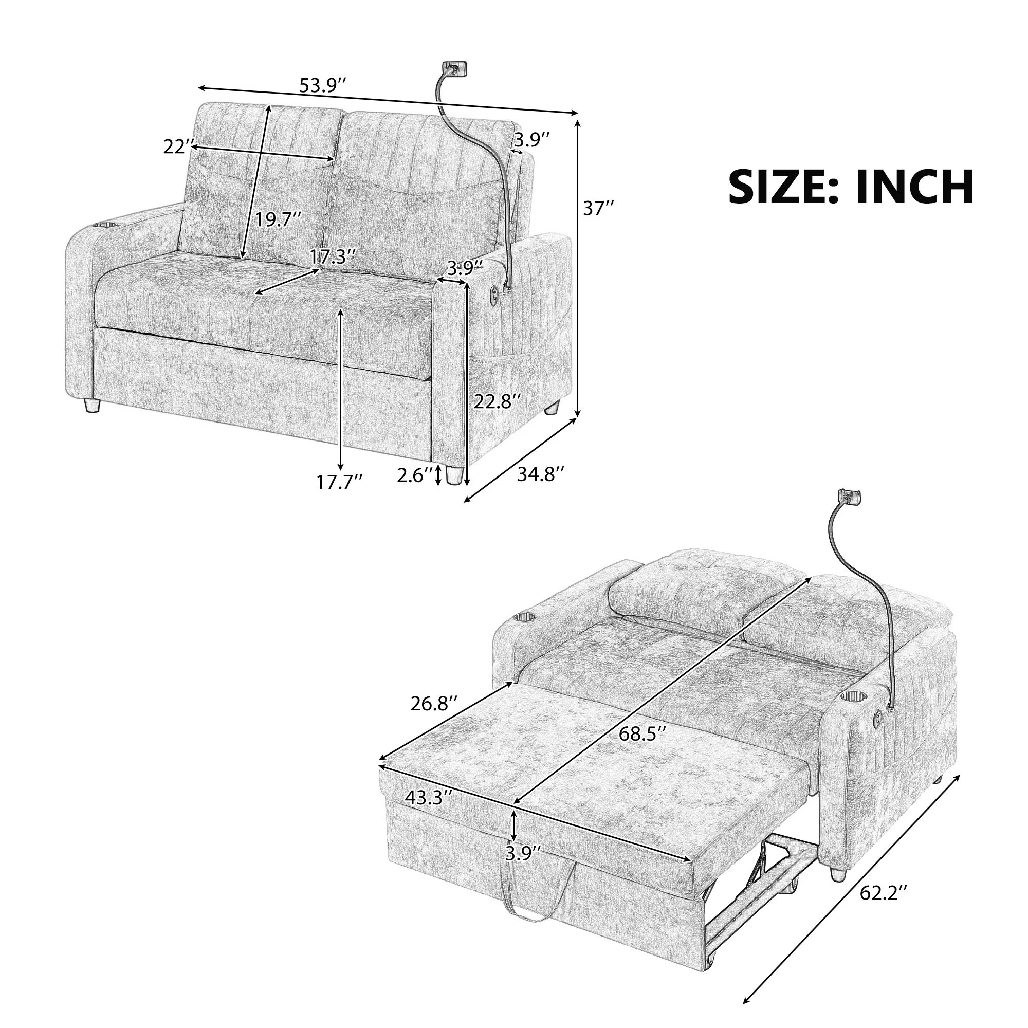 Modern Loveseat Pull Out Sofa Bed With Adjustable Backrest, Two Cup Holders, A Phone Holder, Three Charging Ports And Side Storage Pockets For Living Room - Image 8