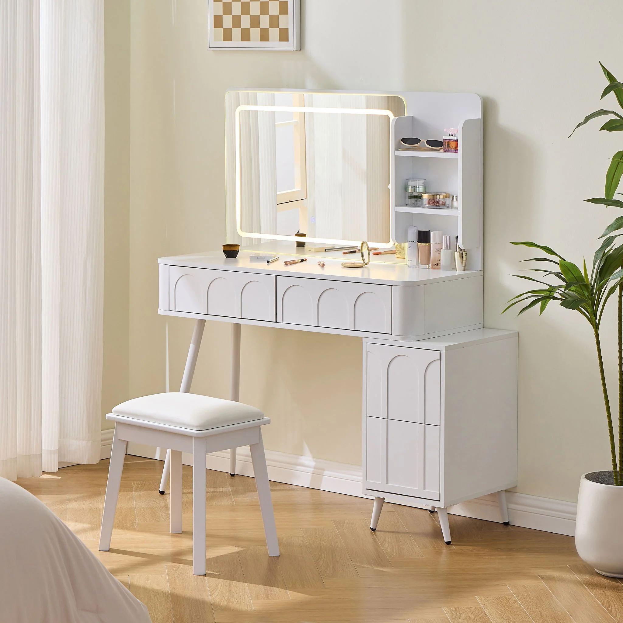 Modern Makeup Vanity Desk With LED Lights & Mirror 4 Drawer Dressing Table Set Space Saving For Bedroom - White - Image 3