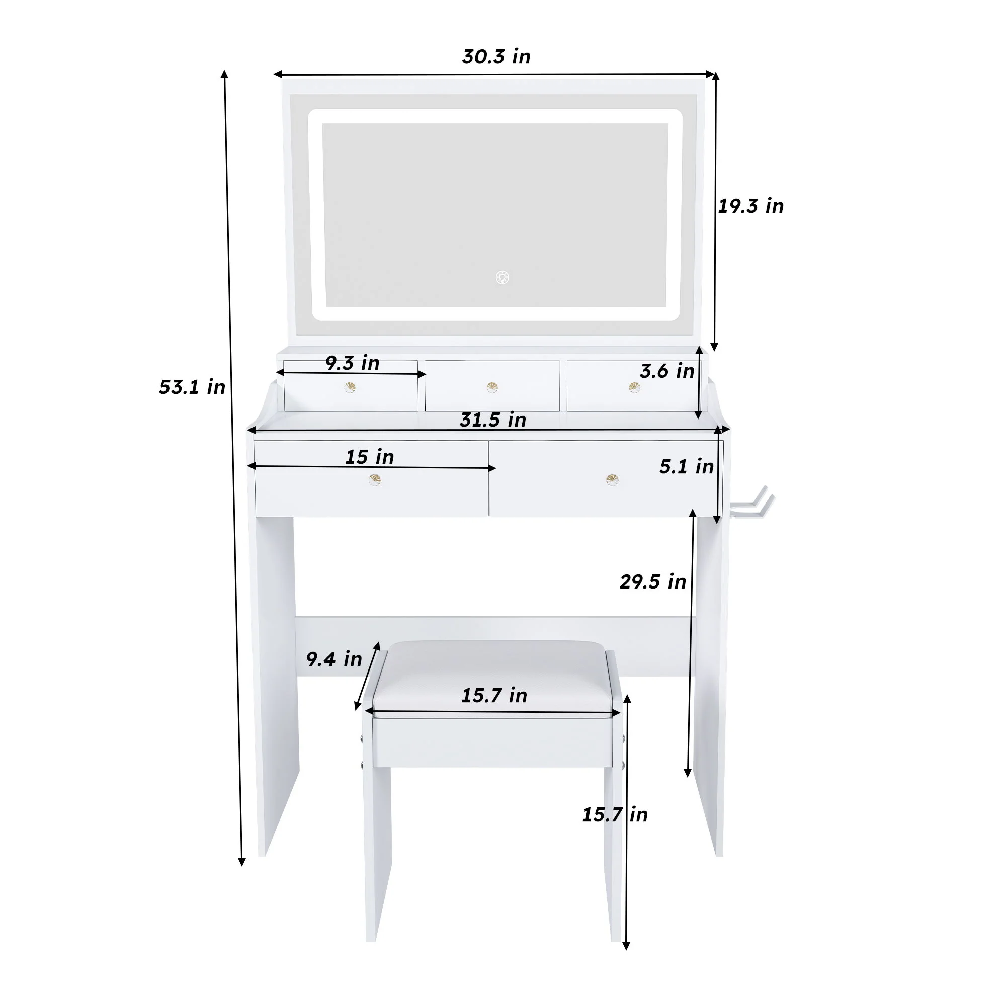 Modern Makeup Vanity Set With Power Outlet, Hair Dryer Holder, And Adjustable Lighting - Image 7