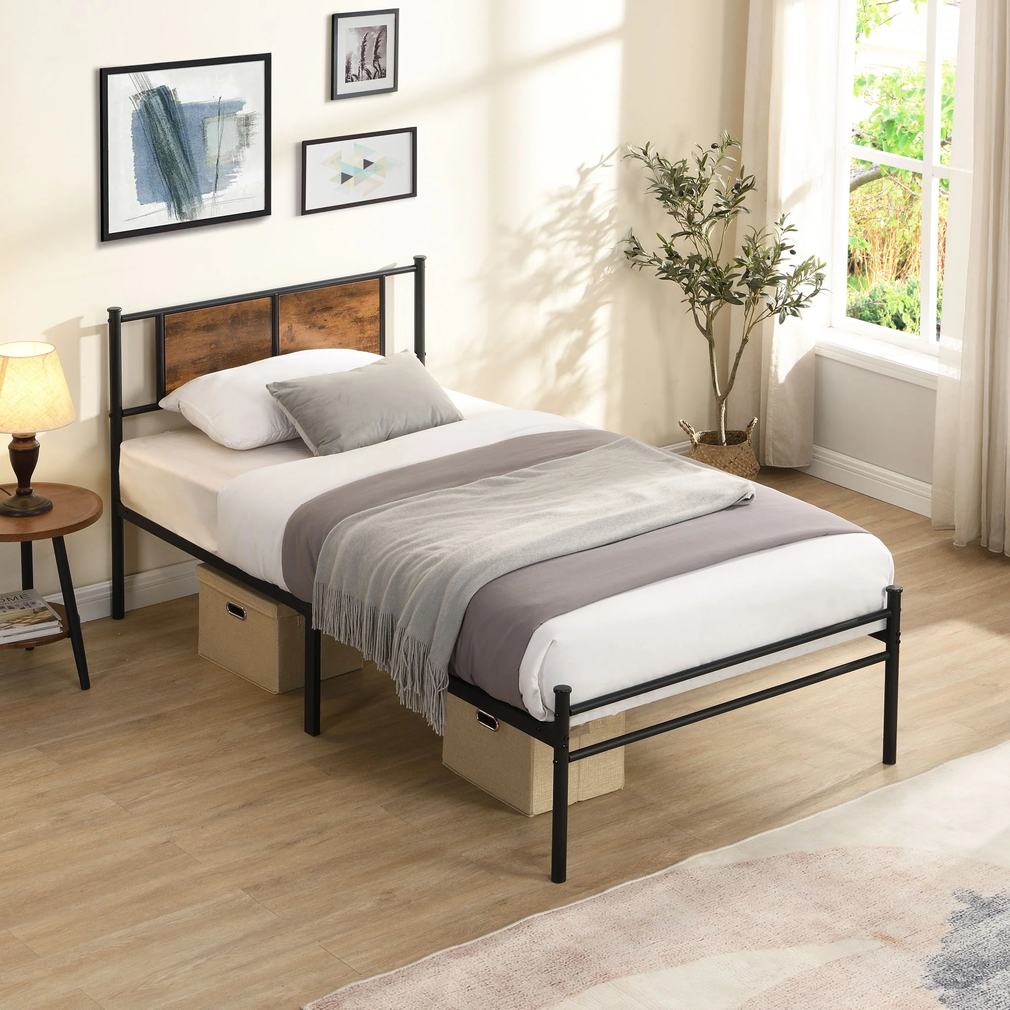 Modern Metal Bedframe With Headboard, Durable Steel Structure - Image 4