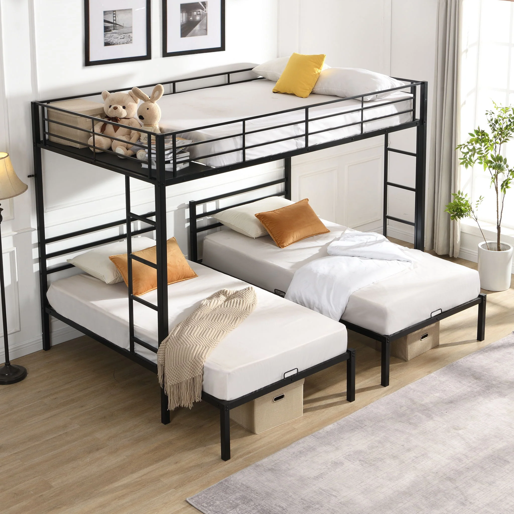 Modern Metal Triple Bunk Bed With Vertical Ladder, Safety Rail, And Storage Shelf - Black - Image 3